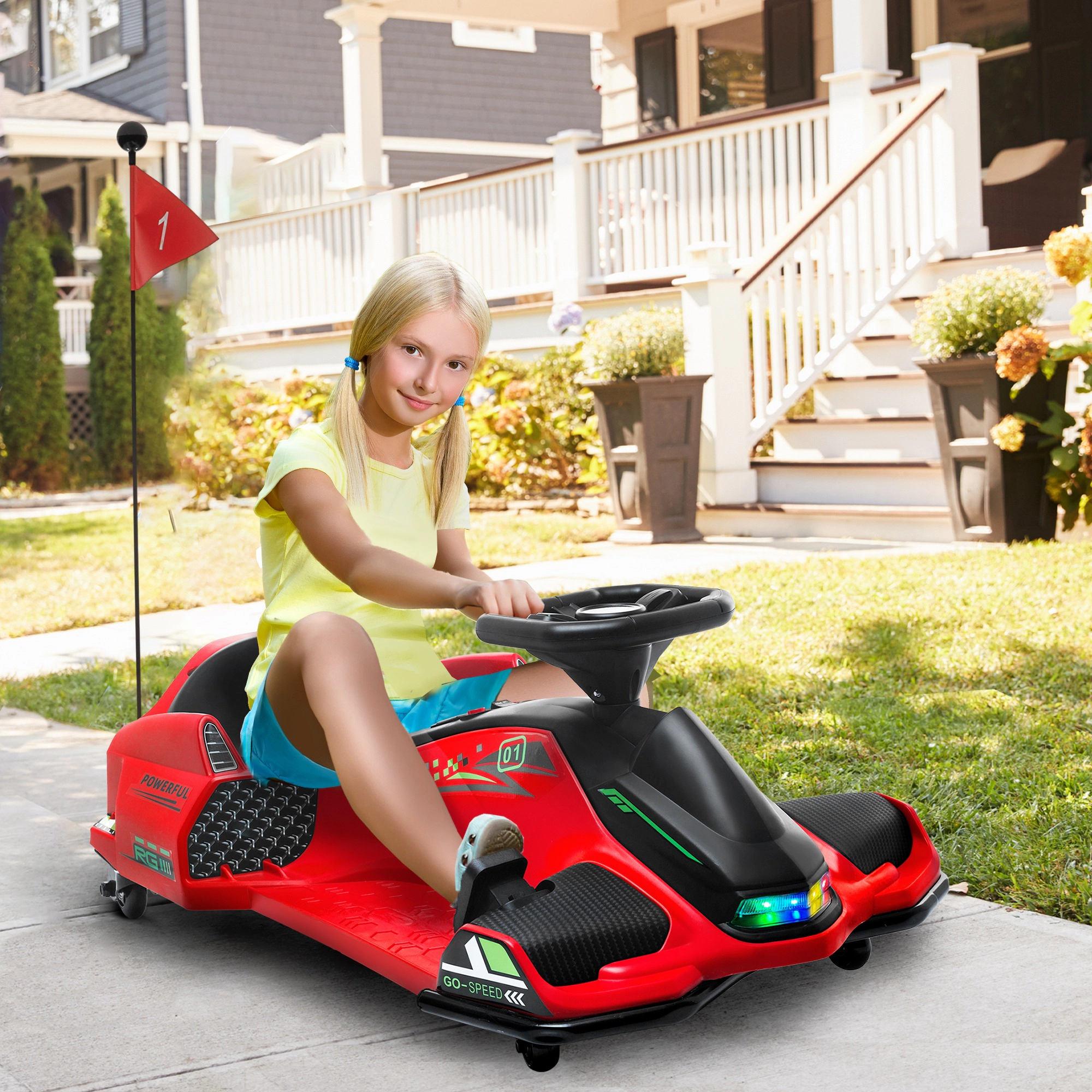 HONGGE 12V Electric Drift Go Kart for Kids with Music, Lights & Slow-Start Technology, Red