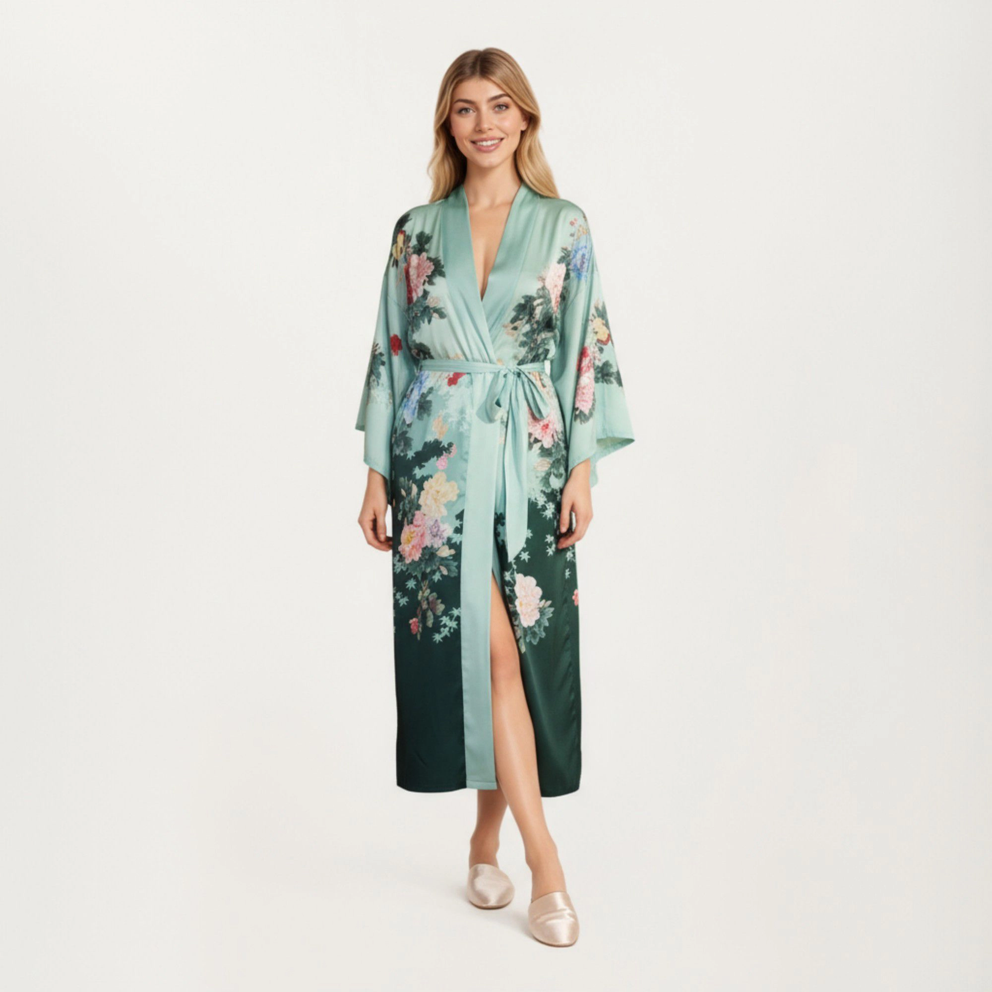 Anna-Kaci Women's Long Satin Floral Print Robe with Waist Tie and Wide Sleeves