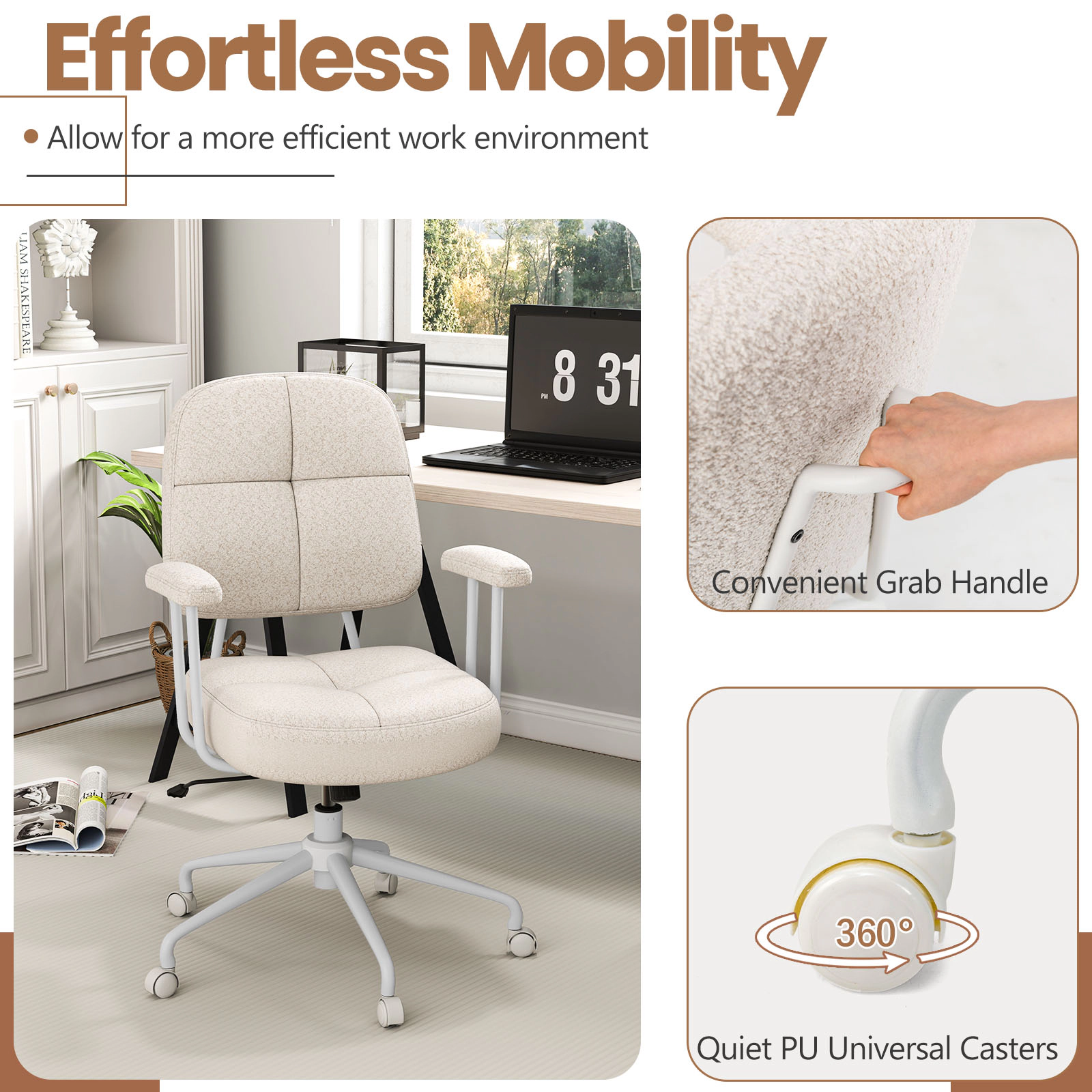 SUGIFT Ergonomic Task Home Office Chair 330-lb Capacity Brown/Beige with Cushioned Back and Arms