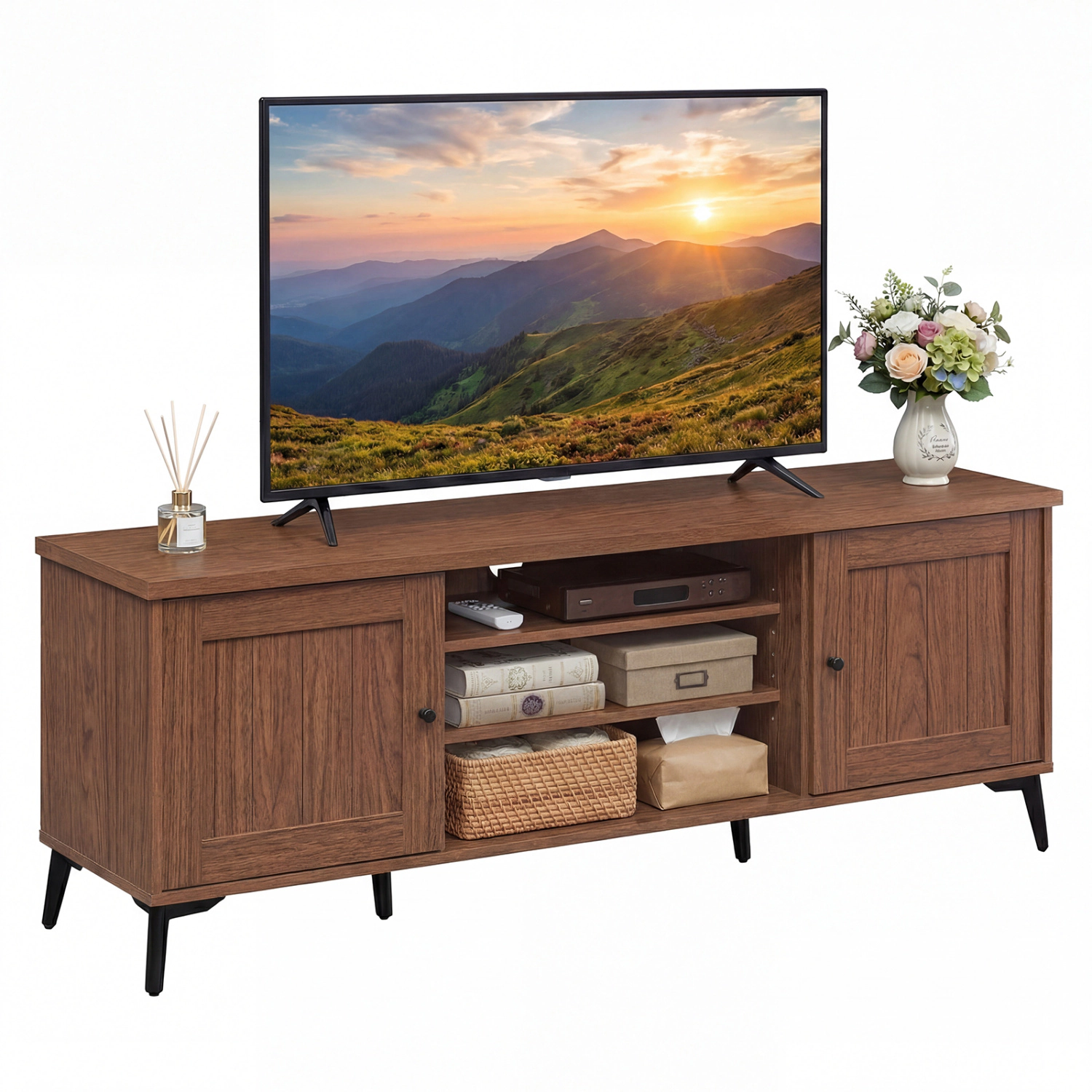 Glintex 59-Inch Mid-Century TV Stand with Carved Doors and 7-Height Shelves