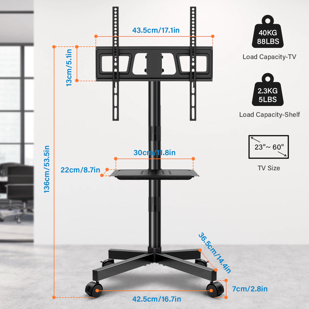 KKTONER Mobile TV Cart for 23 to 65 inch LCD LED Flat Screen/Curved TVs Floor TV Stand on Wheels with Height Adjustable