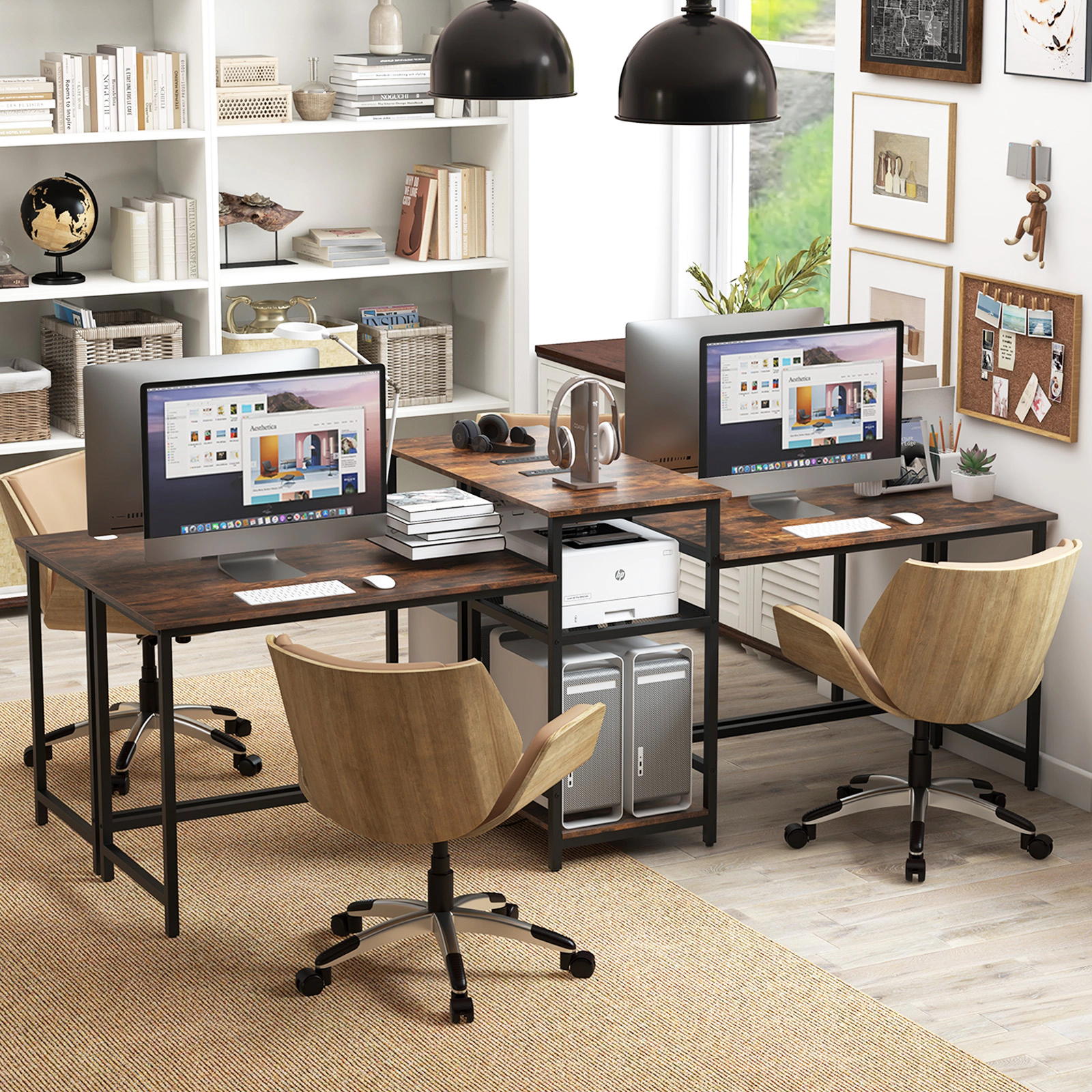 LJG 2-Person Computer Desk with Power Outlet and Printer Stand