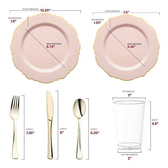 Smarty Had A Party Pink with Gold Rim Round Blossom Disposable Plastic Wedding Value Set