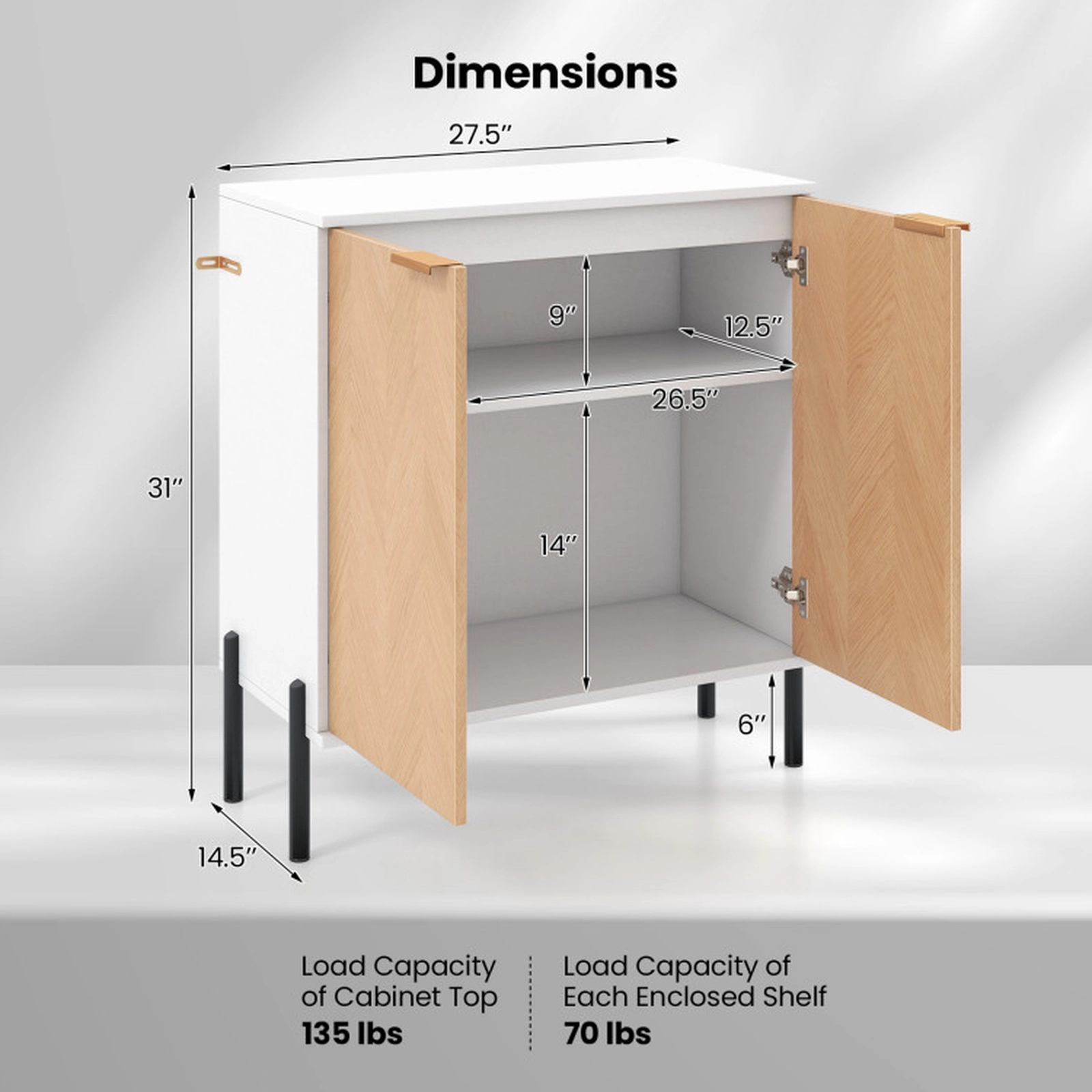 SUGIFT 2-Door Herringbone Panels Buffet Sideboard 27.5-in x 14.5-in x 31-in 275-lb Capacity White and Natural Wood