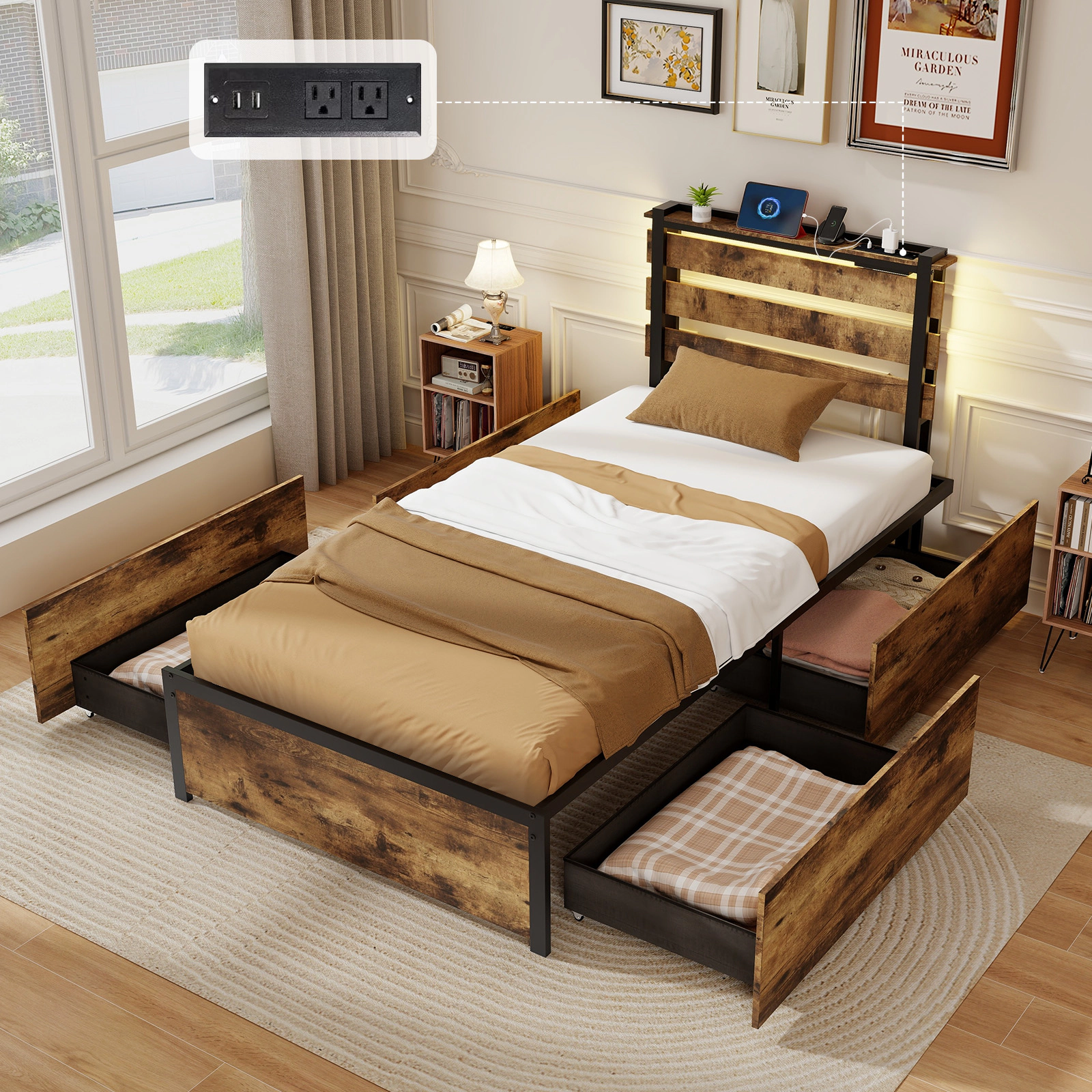 LJG Full/Queen/Twin Size Bed Frame with Drawers LED Lights and USB Ports