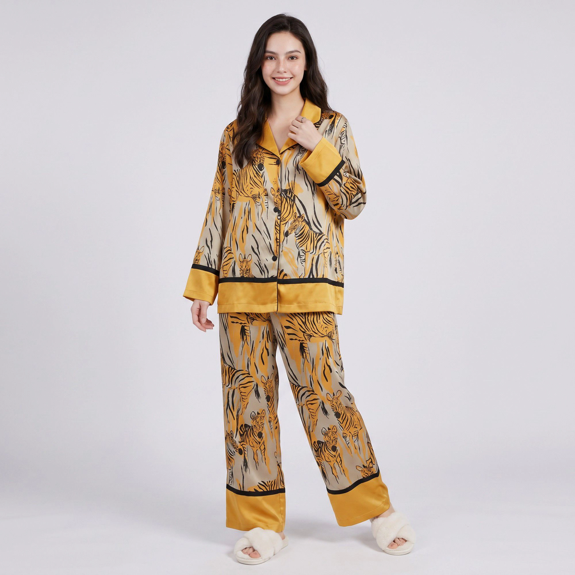 Anna-Kaci Women's 2-Piece Tiger Print Pajama Set with Button Front Top and Wide Leg Pants