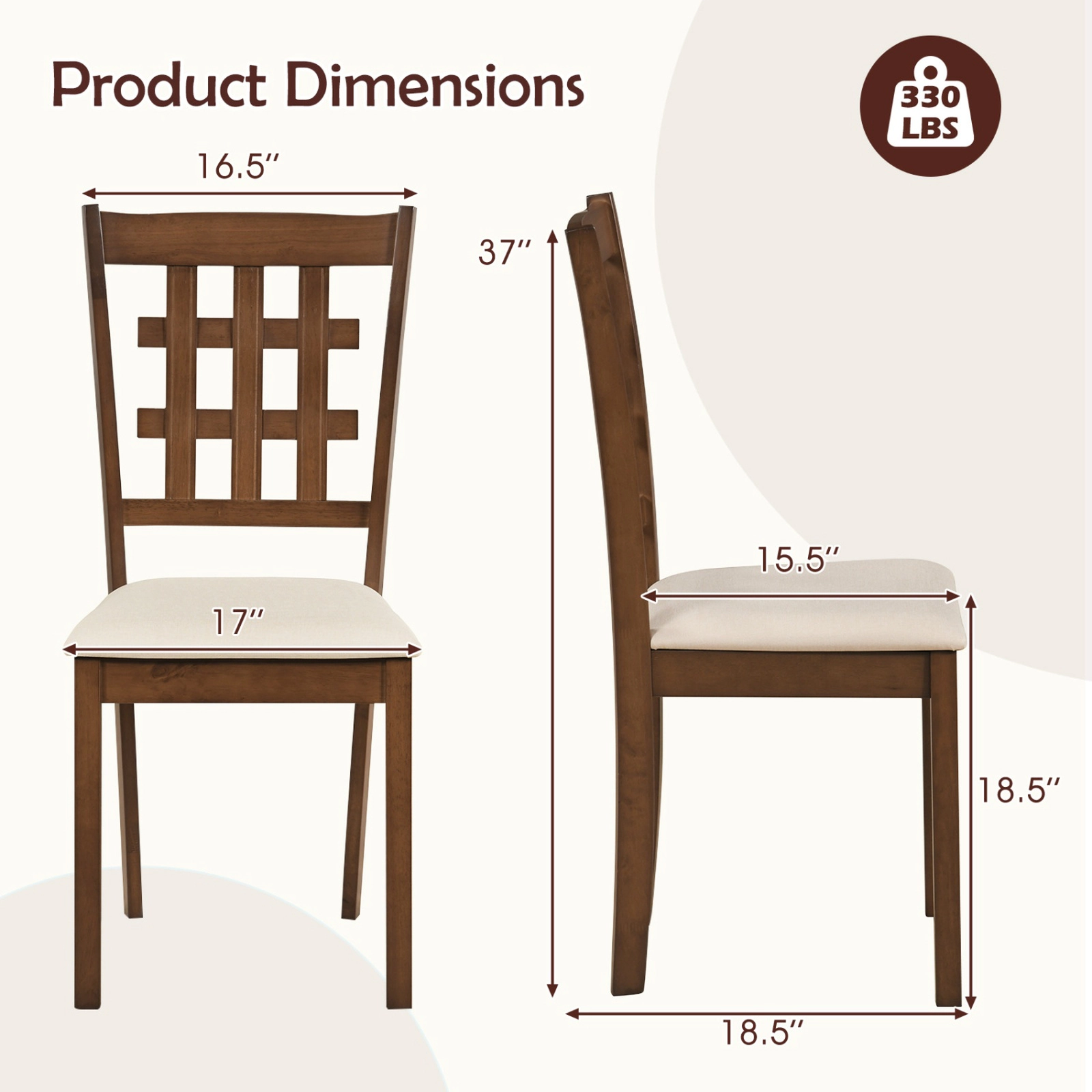 SUGIFT Set of 2 Wood Kitchen Chairs with Faux Leather Upholstered Seat 330-lb Capacity Walnut + Beige