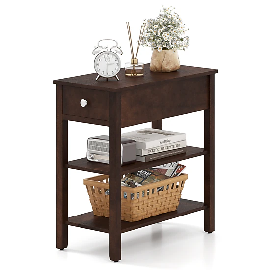 LJG 3-Tier Narrow End Table with Drawer and Storage Shelves