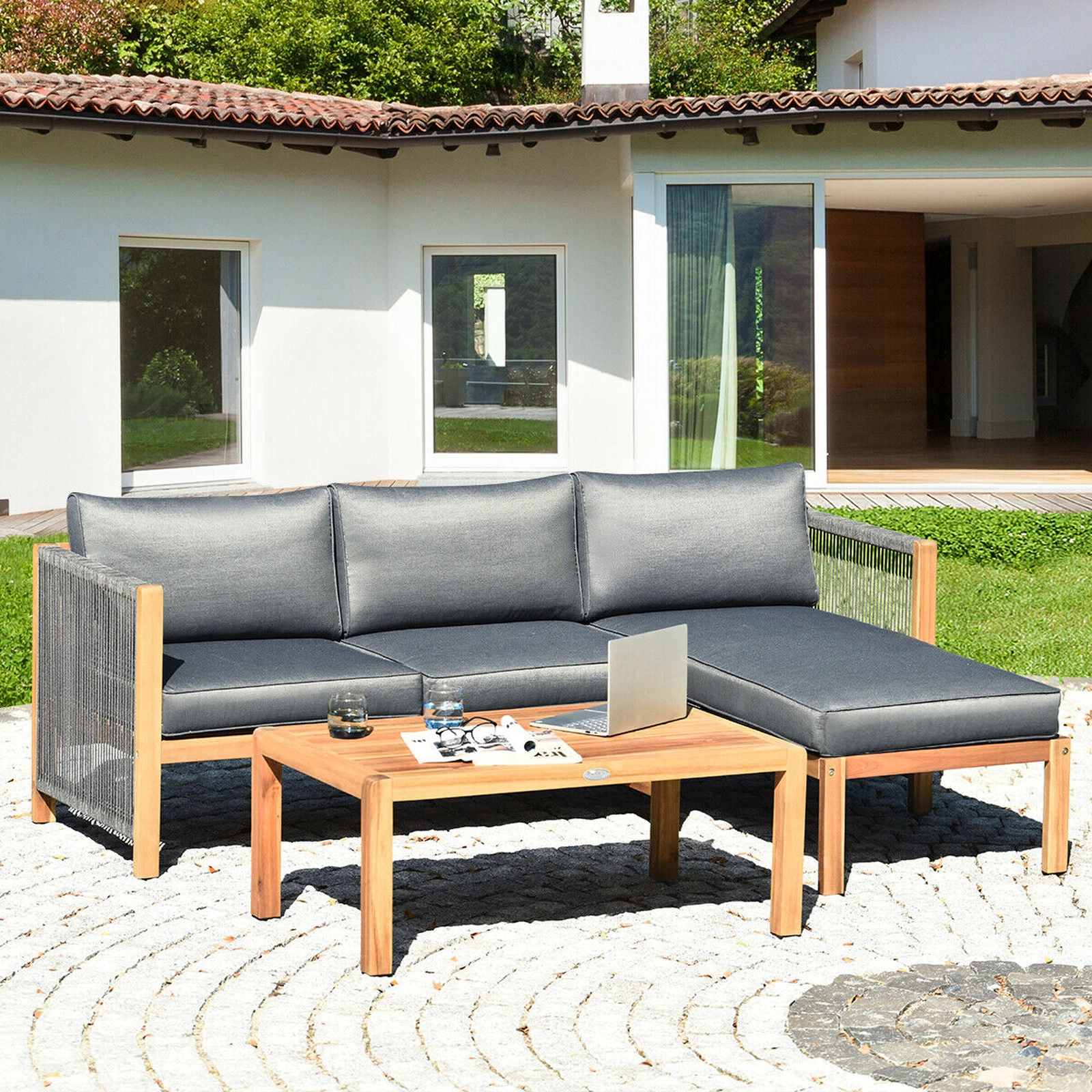 SUGIFT Chaise Lounge and Coffee Table 3-Piece Acacia Wood Patio Sofa Set