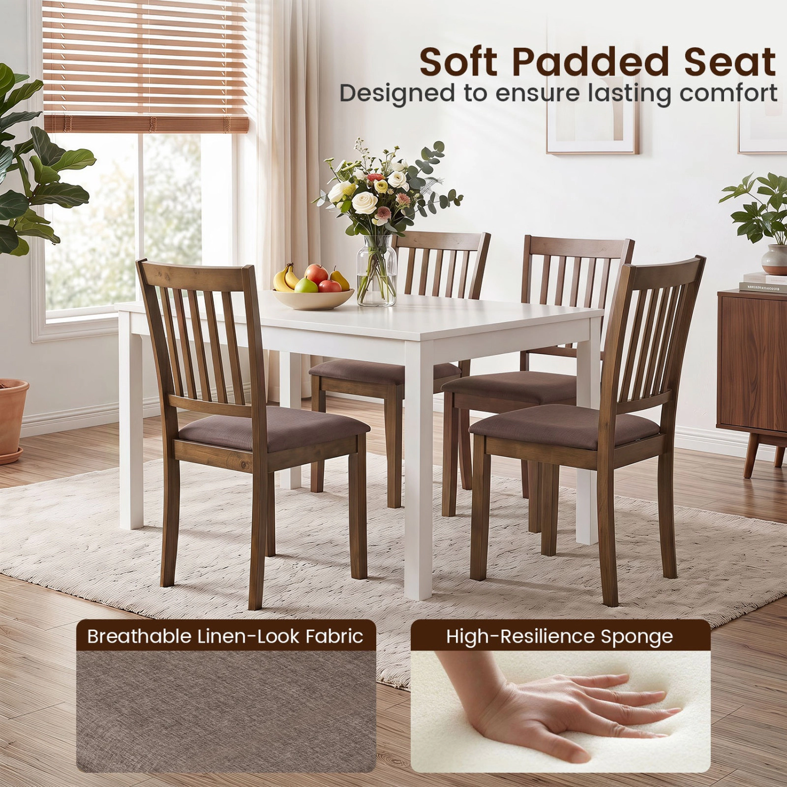 SUGIFT Set of 4 Wooden Upholstered Dining Chairs with Rubber Wood Frame 330-lb Capacity Brown/Black