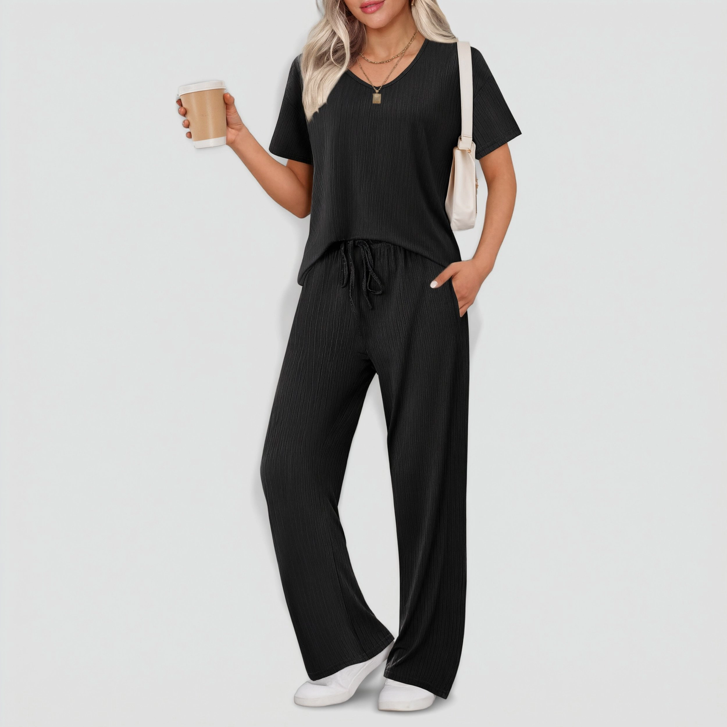 Ekouaer Women Two Piece Set Casual Summer Ribbed Short Sleeve & Matching