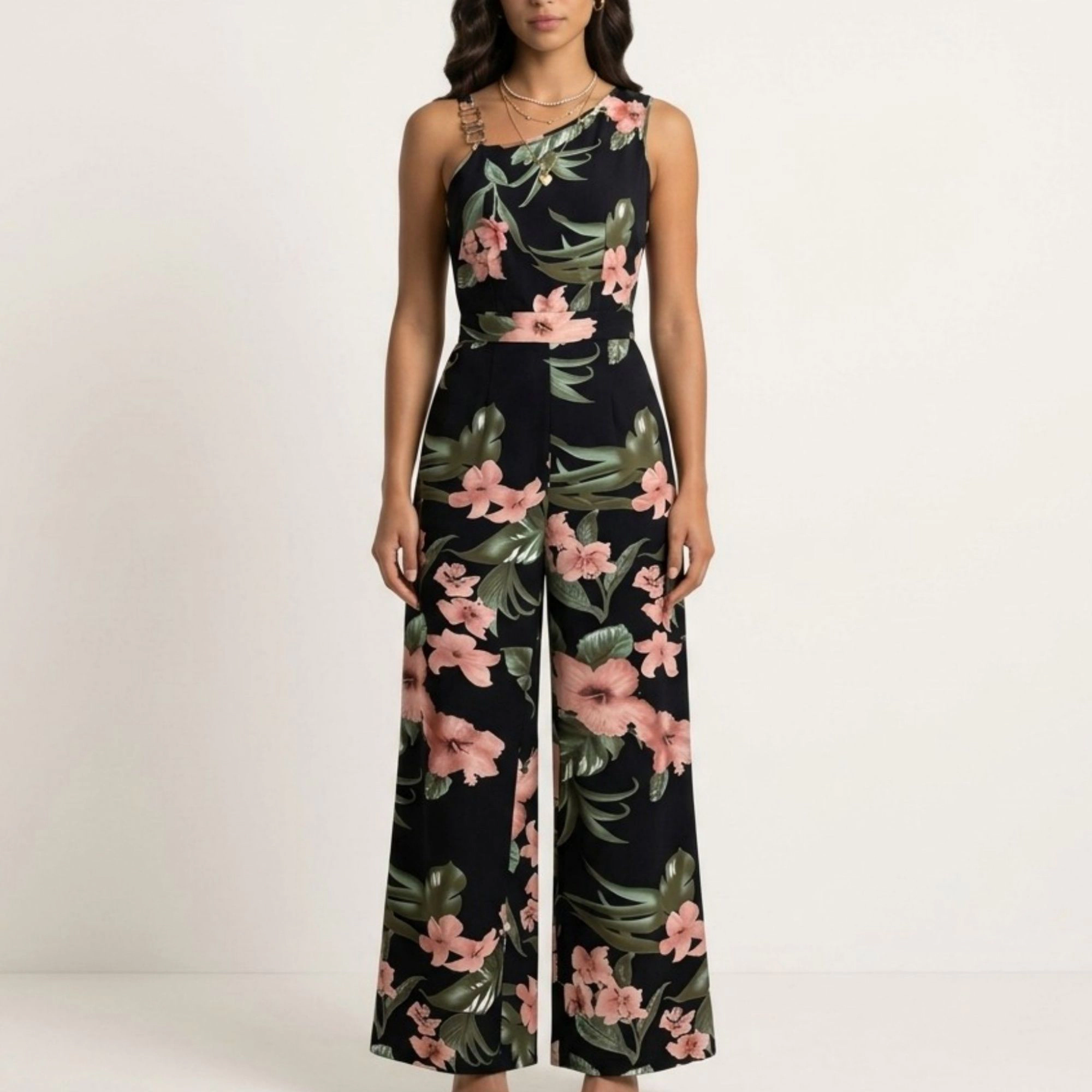 Anna-Kaci Womens Floral Asymmetrical Neck Wide Leg Jumpsuit
