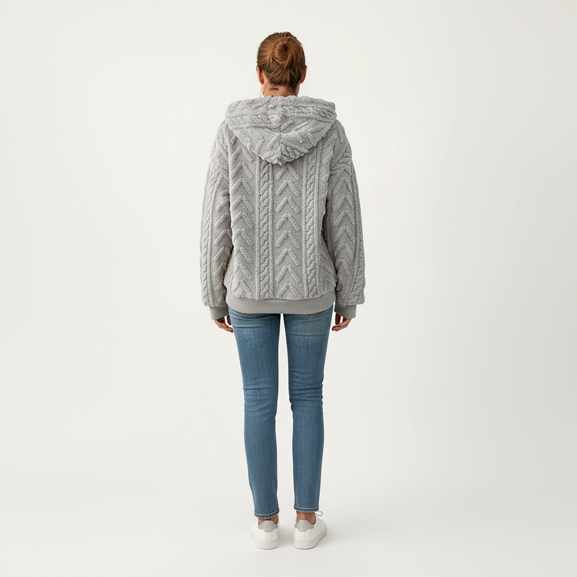 Anna-Kaci Women's Plush Textured Hoodie with Cable Inspired Patterning, High Pile Fabric, Ribbed Trim Accents