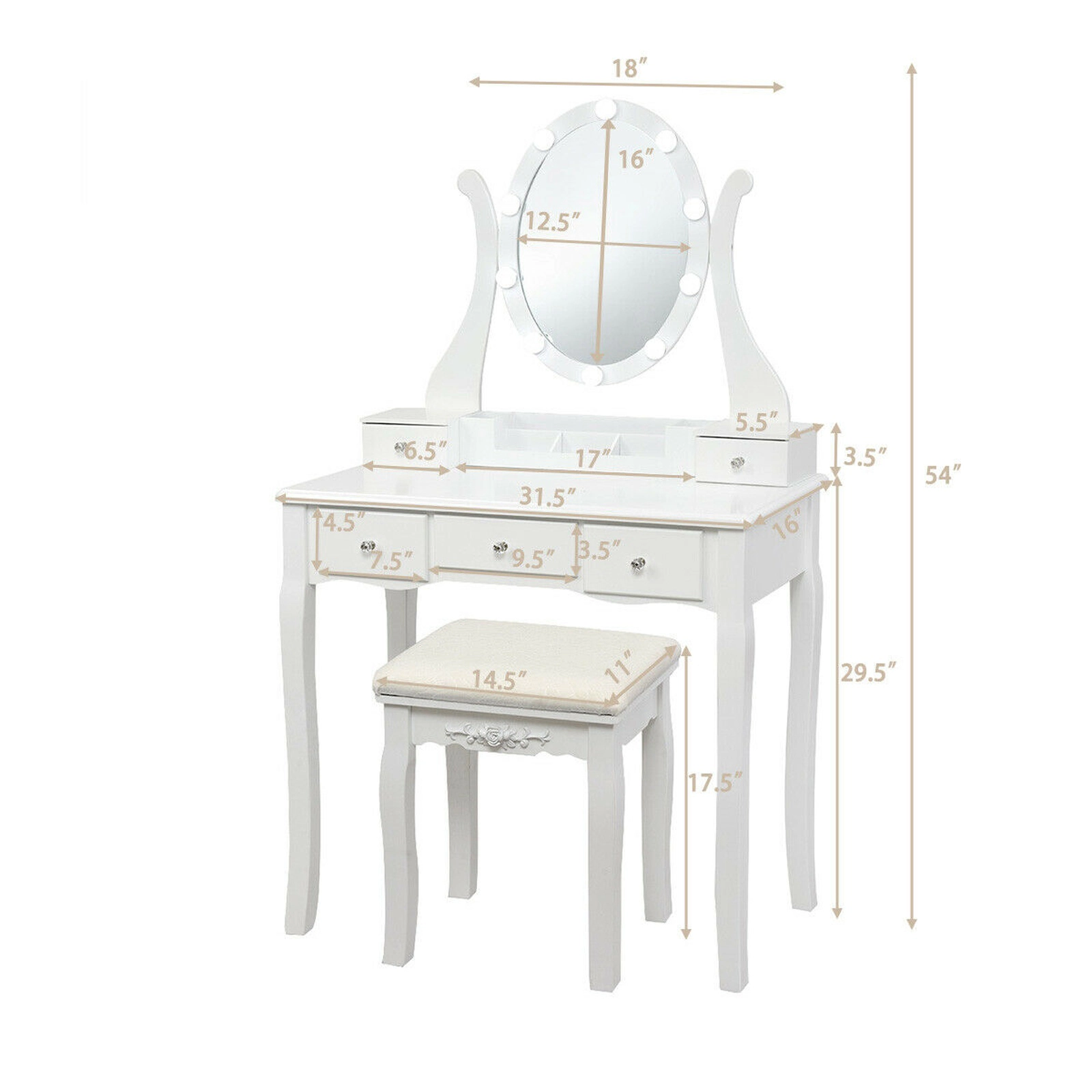 SUGIFT 31.5-in Vanity Table Set, 10 Dimmable Lights, 360-Degree Spinning Mirror, 5 Drawers