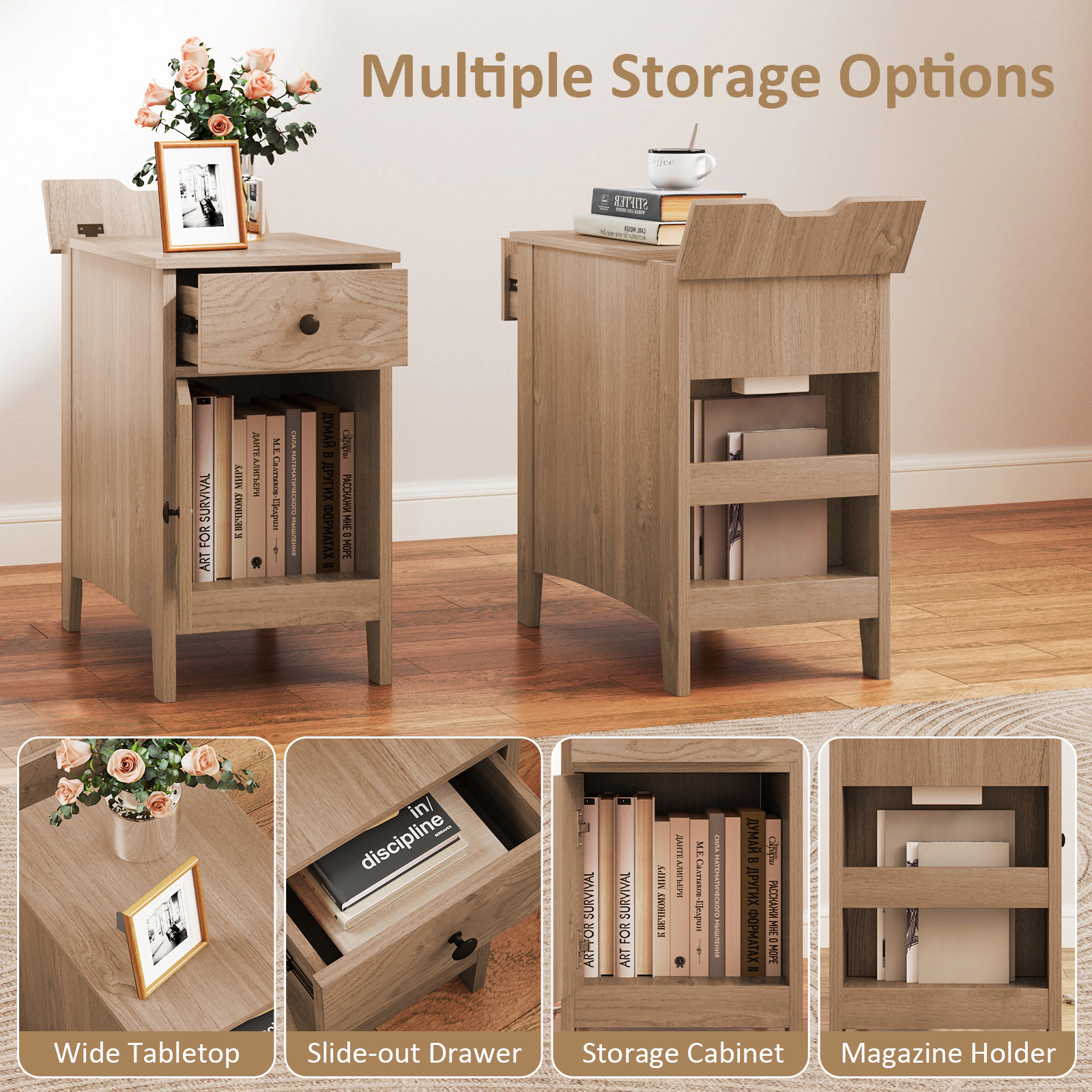Hivvago Modern End Table with Power Outlets, USB Charging Ports, and Flip-Top Compartment