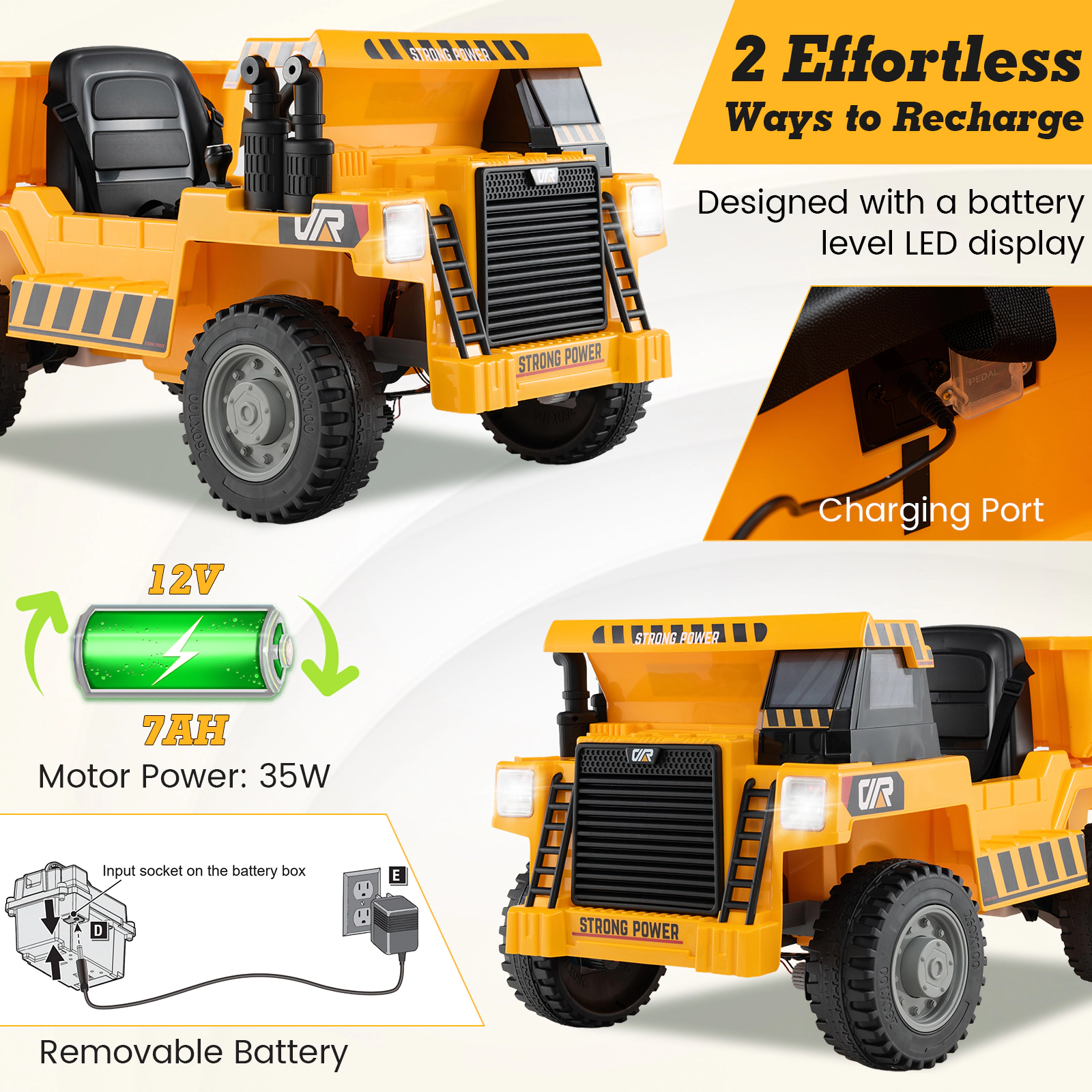 SUGIFT 12V Kids Ride On Dump Truck Car with Electric Dump Bed 66-lb Seat Capacity Ages 37-96 Months Green/Yellow