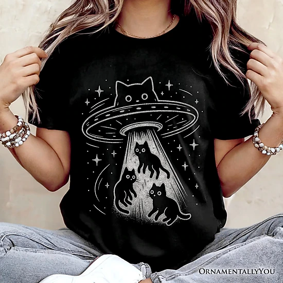 OrnamentallyYou Unisex Funny Alien Cat Abduction UFO Space T-Shirt ...