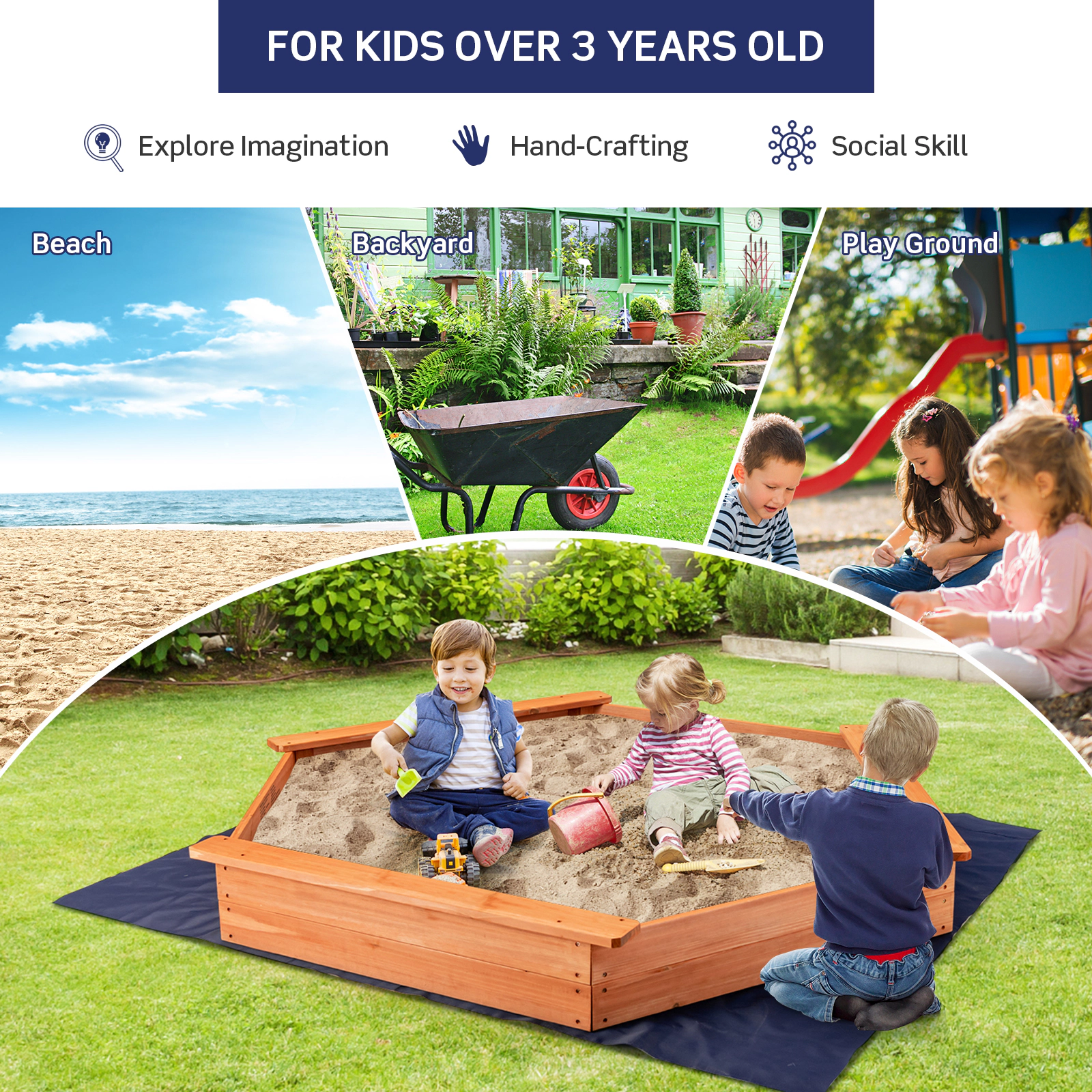LJG Kids Hexagon Wooden Cedar Sand Box with Seat Boards