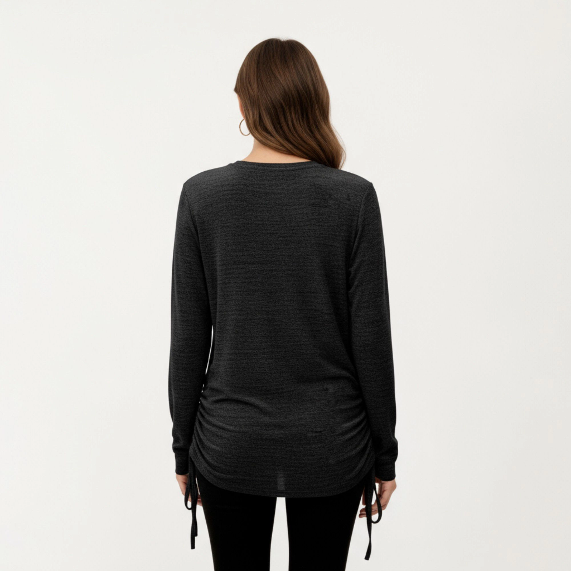 Anna-Kaci Women's V-Neck Side Drawstring Ruched Hem Long Sleeve Knit Top