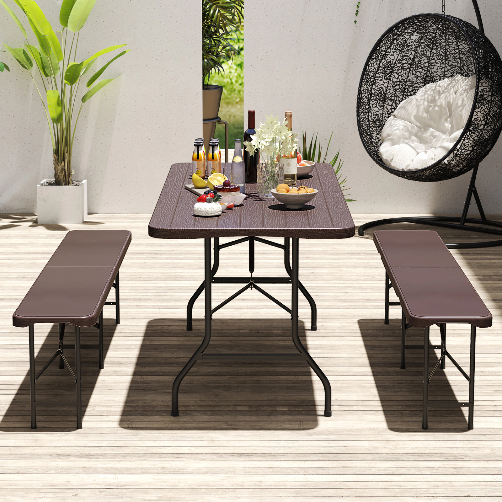 SUGIFT 6 ft Folding Table Brown HDPE Wood Grain Top with Safe Lock Mechanism