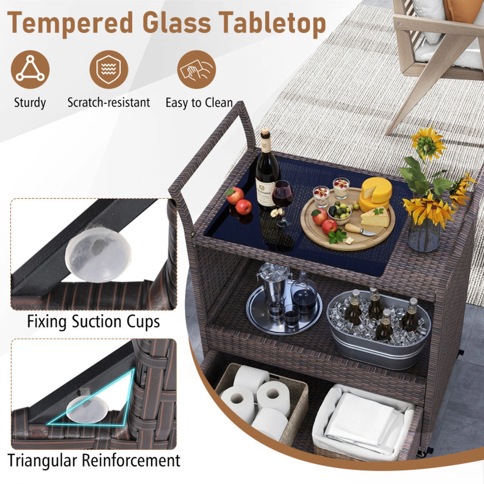 SUGIFT Brown 100-lb Capacity Outdoor Wicker Bar Cart with Tempered Glass Top PE Rattan Drawer and Wheels