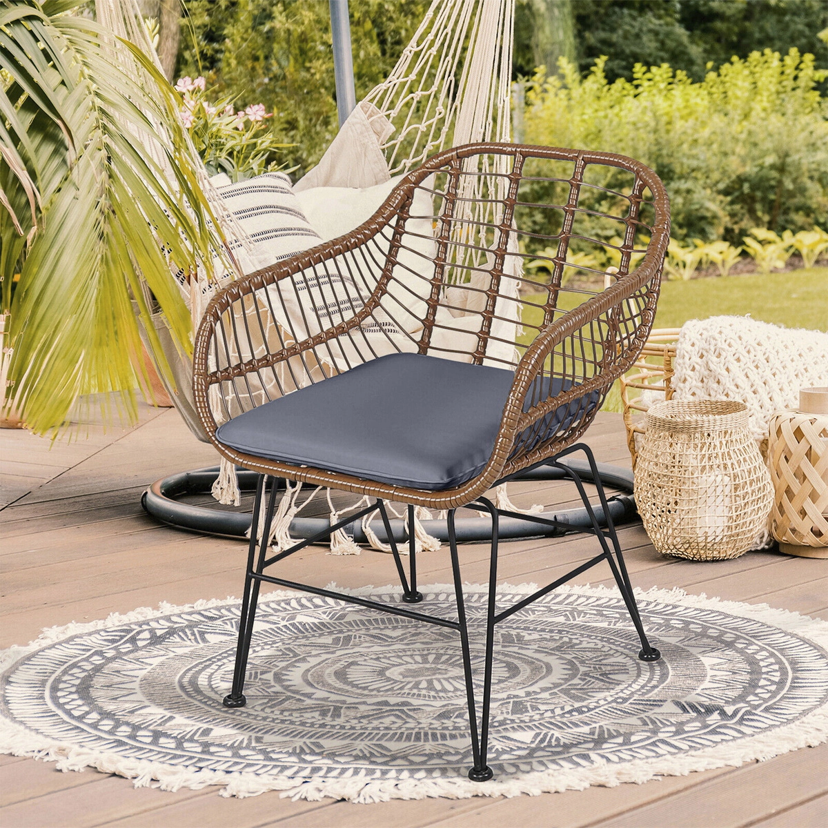 SUGIFT Gray 3-Piece Rattan Patio Bistro Set with Cushioned Armchairs