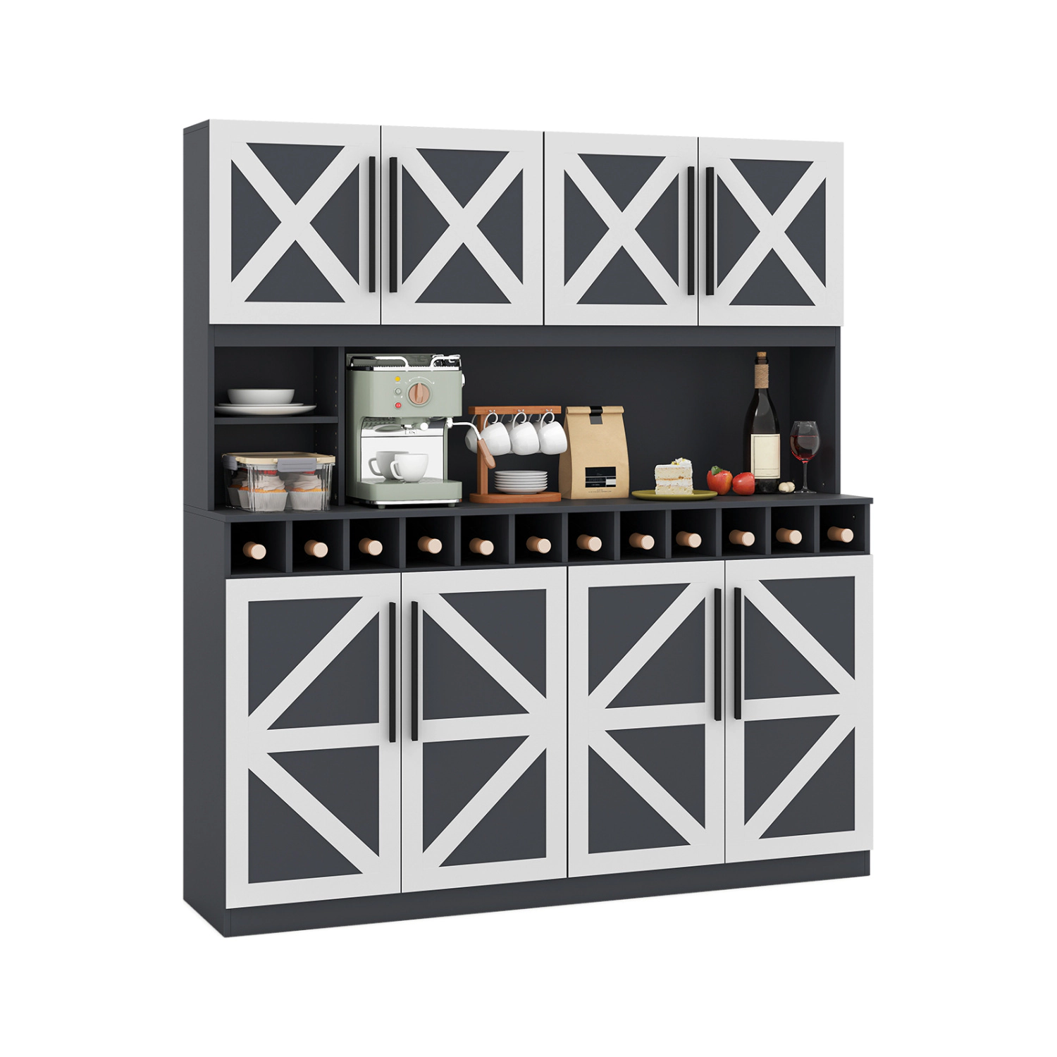 Glintex 70-Inch Farmhouse Pantry Hutch with 12-Bottle Wine Rack