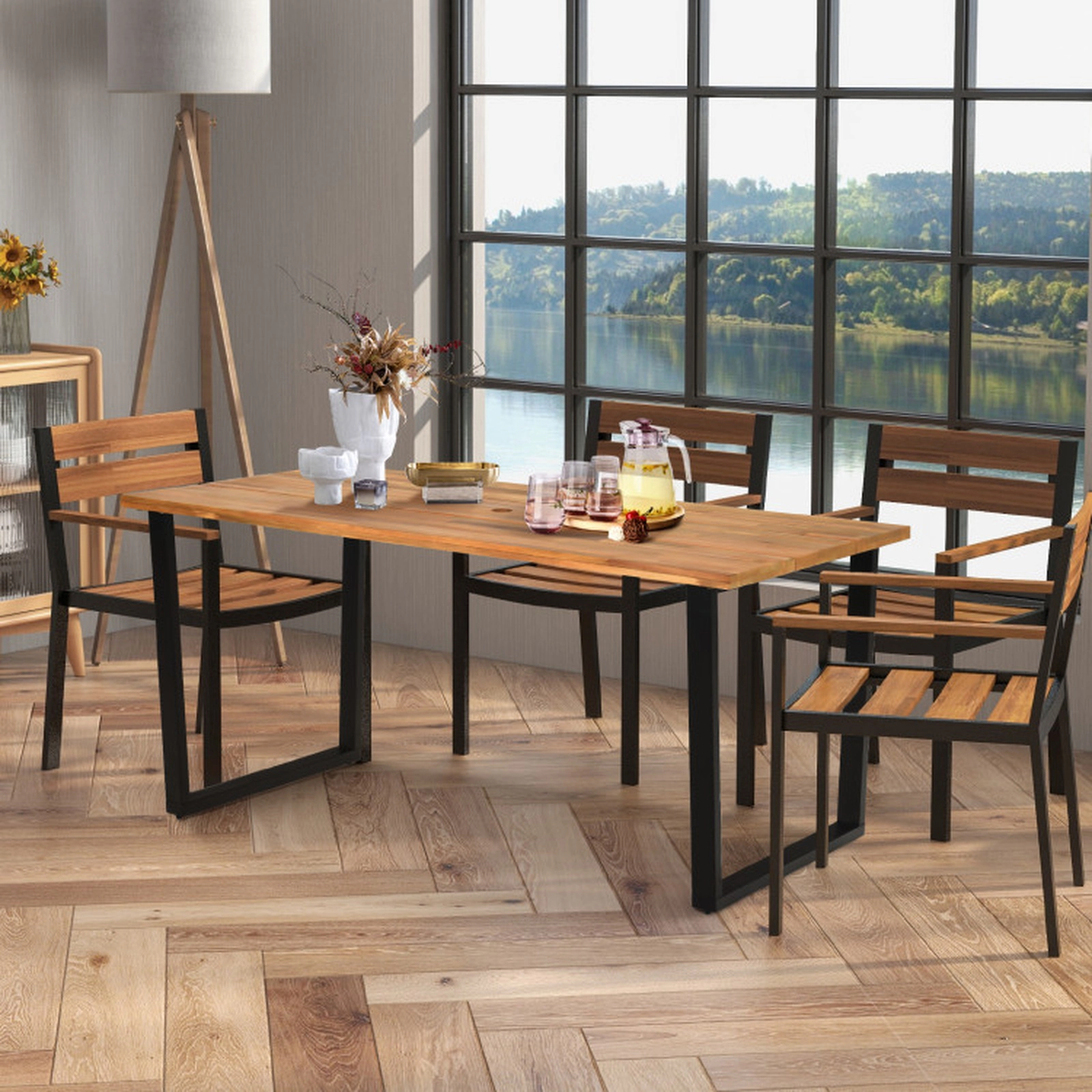 SUGIFT 6-Person Acacia Wood Metal Frame 2-in Umbrella Hole Outdoor Dining Table 69-in x 32-in 350-lb Capacity Natural
