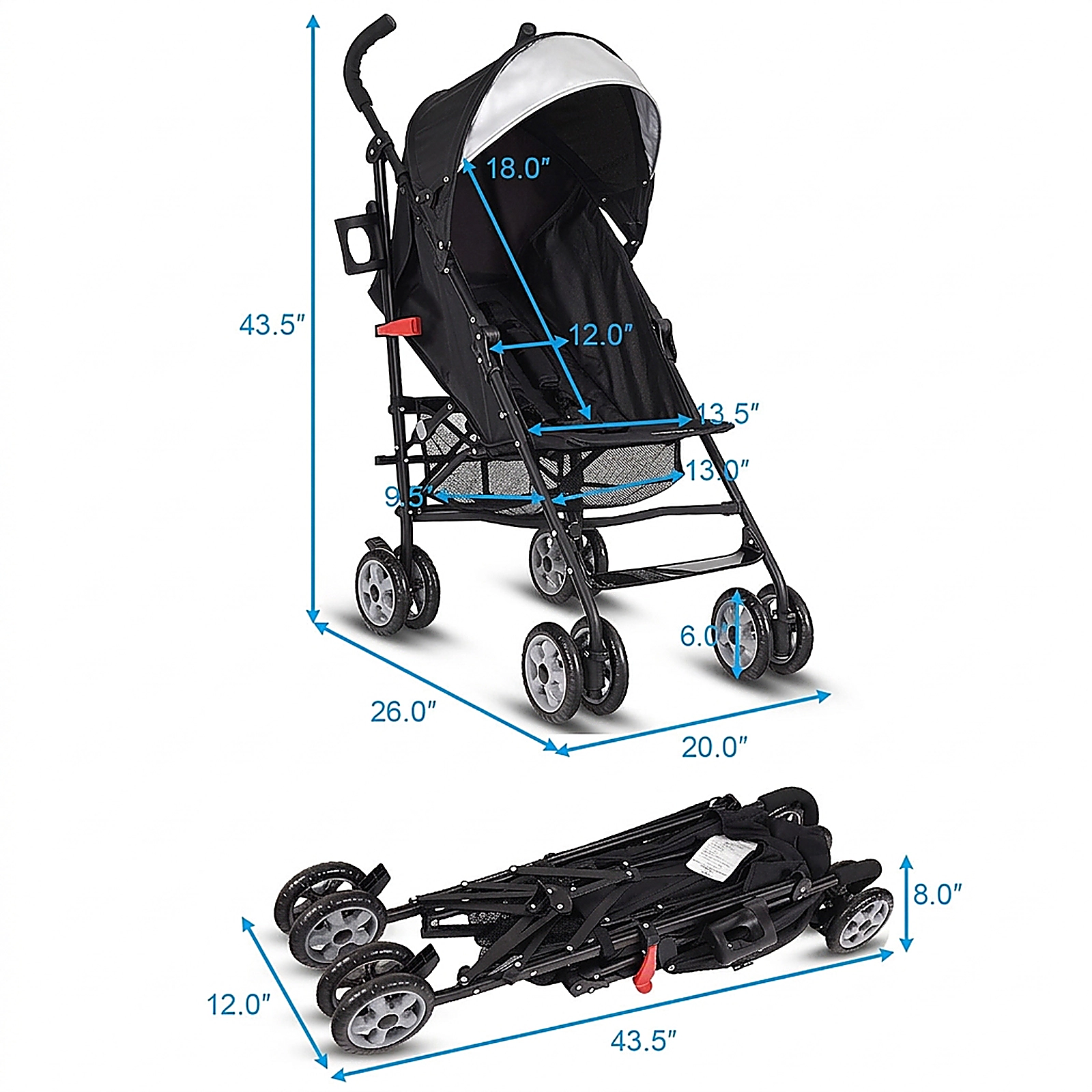 SUGIFT Baby Black Folding Umbrella Stroller with Storage Basket 26-in W 20-in D 43.5-in H 33-lb Seat Capacity