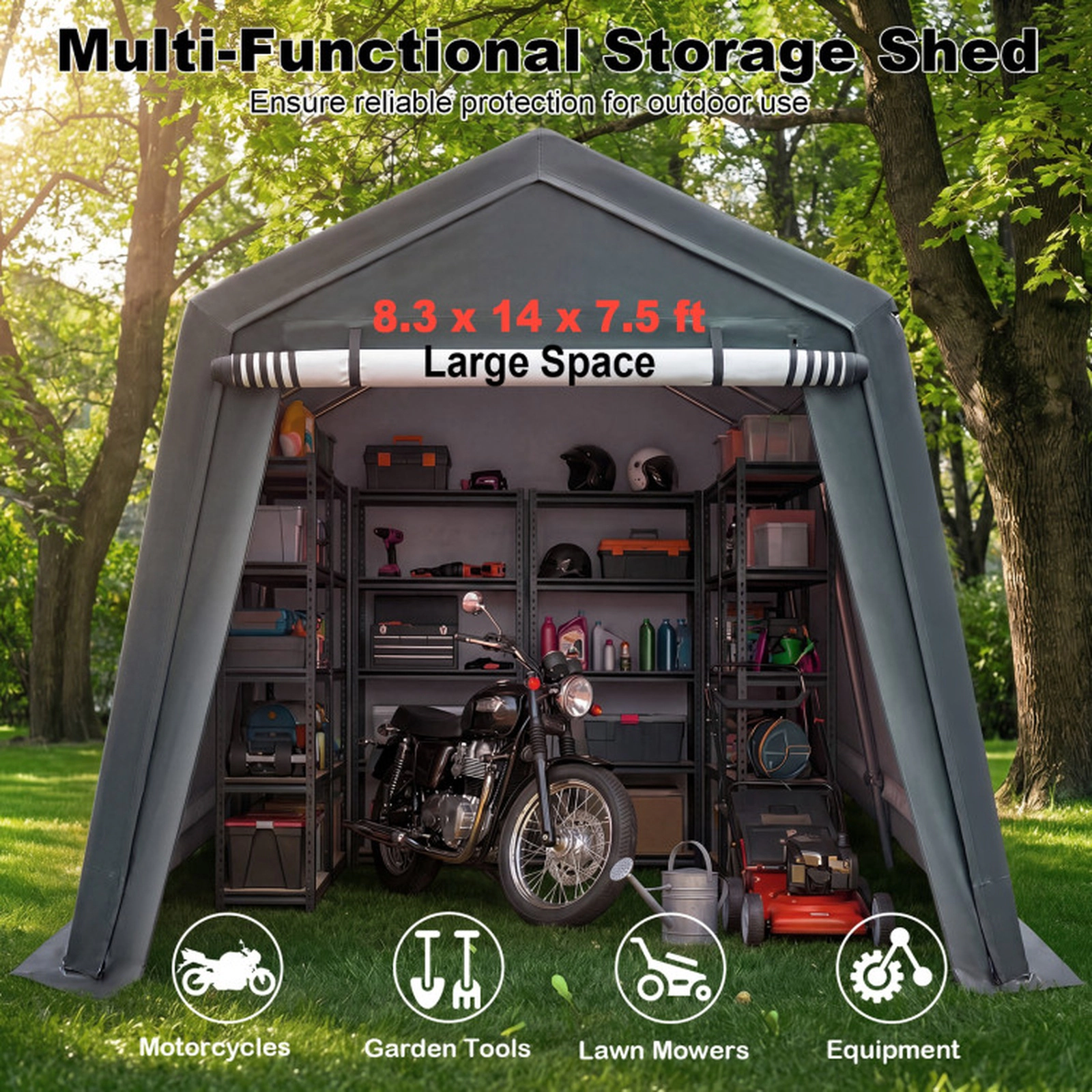 SUGIFT Roll-Up Zipper Door Waterproof PE Fabric Outdoor Storage Shed 8.3-ft x 14-ft x 7.5-ft 74.5-lb Net Weight Green
