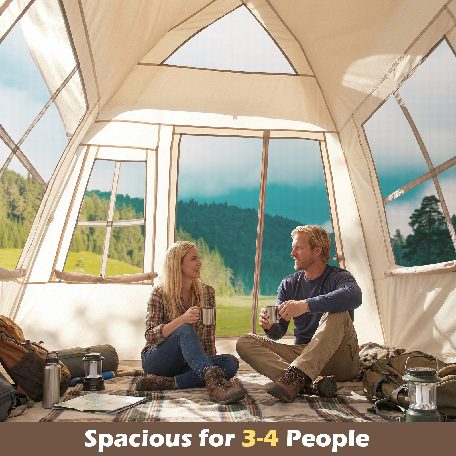 LJG 4 Person Camping Tent Portable Automatic Easy Setup with Rainfly and 2 Doors