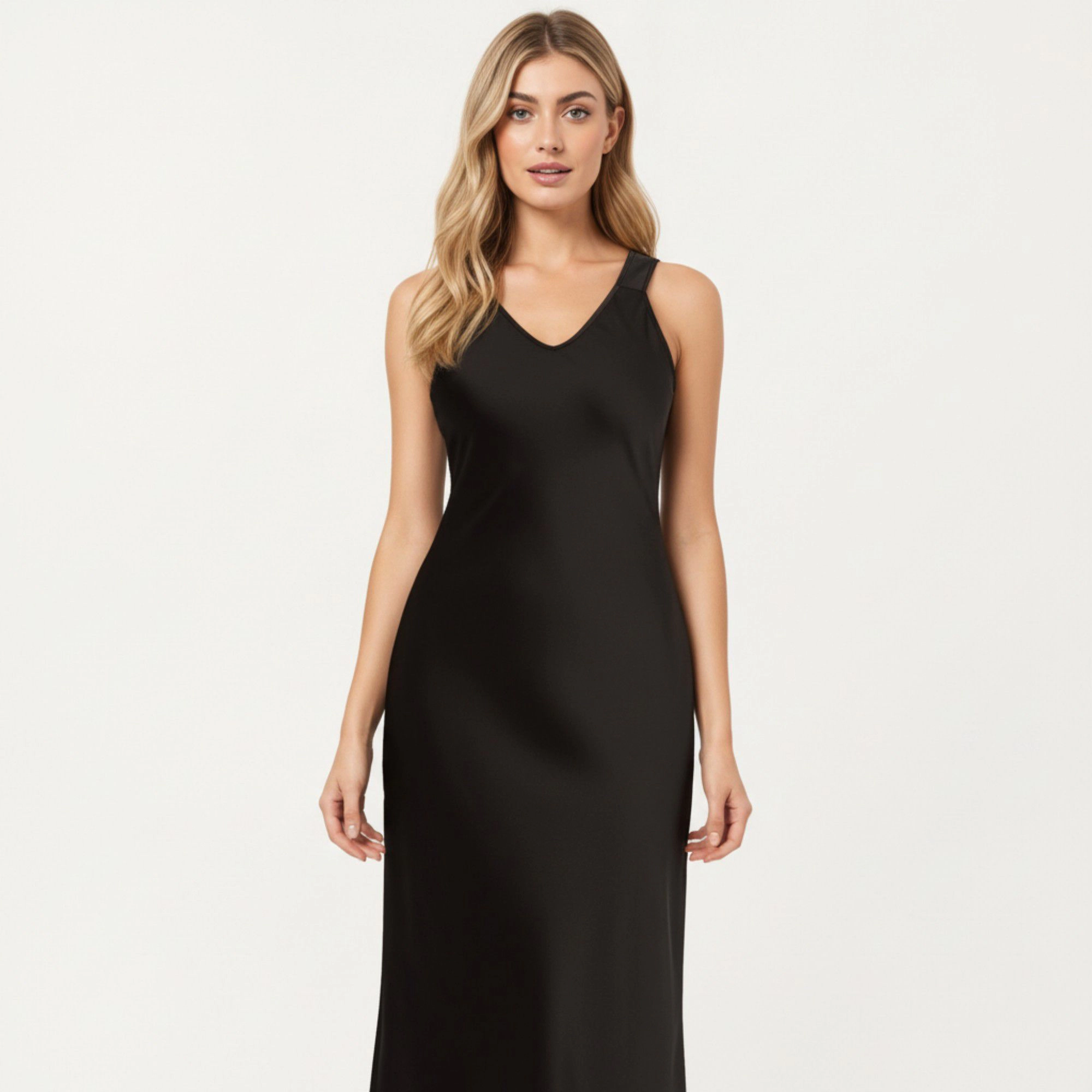 Anna-Kaci Women's Satin Midi Slip Dress with Wide Shoulder Straps and Smooth Sculpted Silhouette