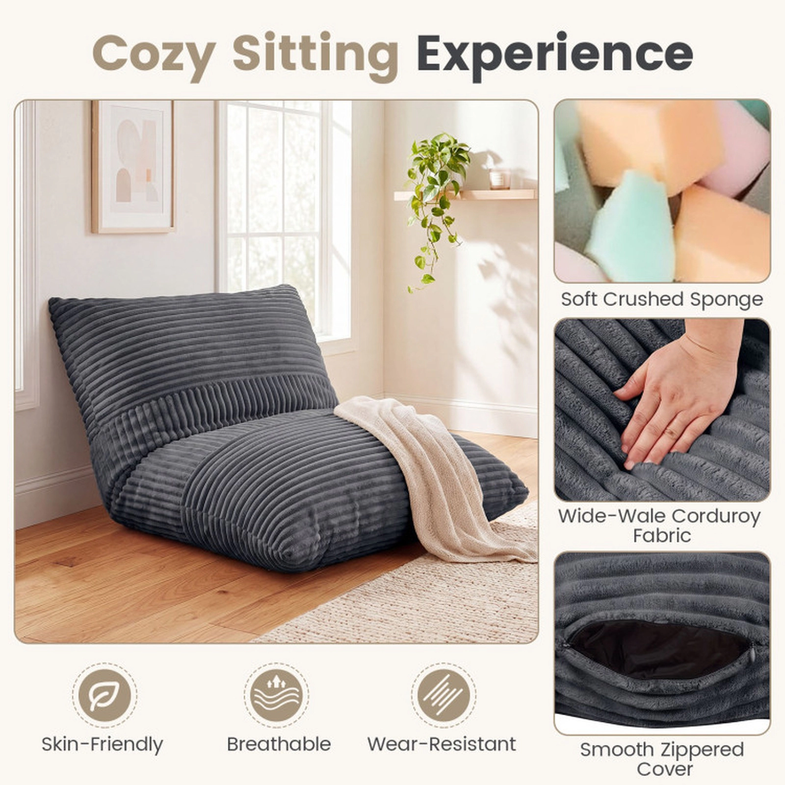 SUGIFT 3-in-1 Gray Corduroy Bean Bag Chair, Sofa and Bed, 73 x 53 in