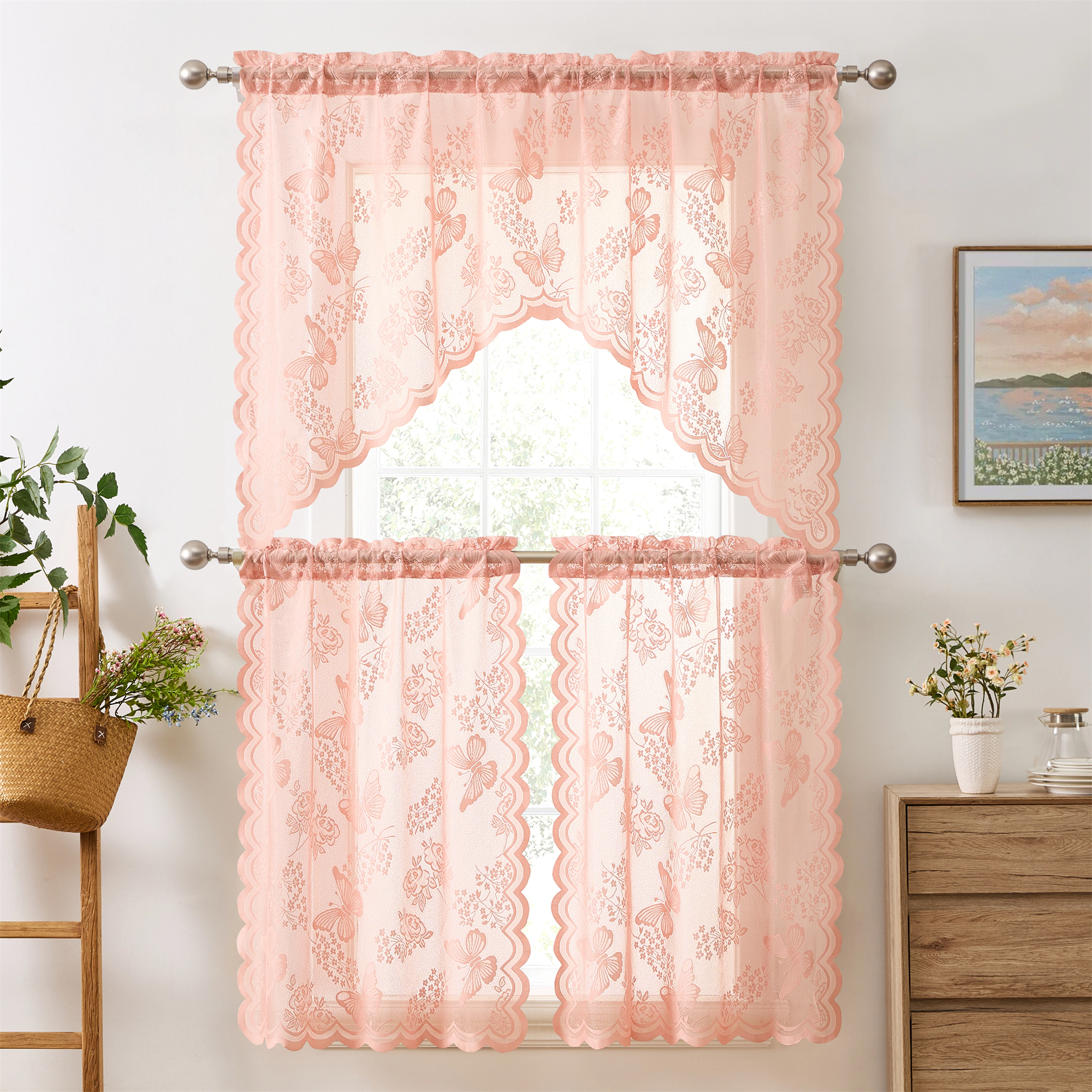 HLC.ME Butterfly Floral Lace - Sheer 3 Piece Kitchen Curtains Set, Light Filtering Swag Valance + 36 inch Tiers Set