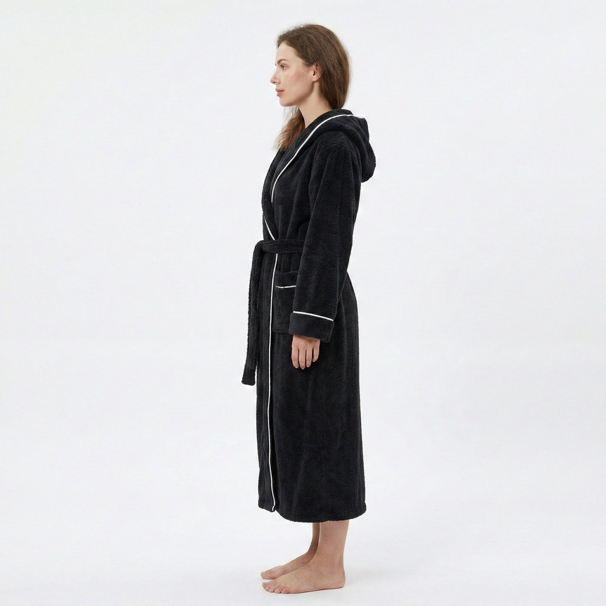 Anna-Kaci Women's Plush Hooded Long Bathrobe with Full Length Wrap Design Adjustable Waist Tie Contrast Trim and Pockets