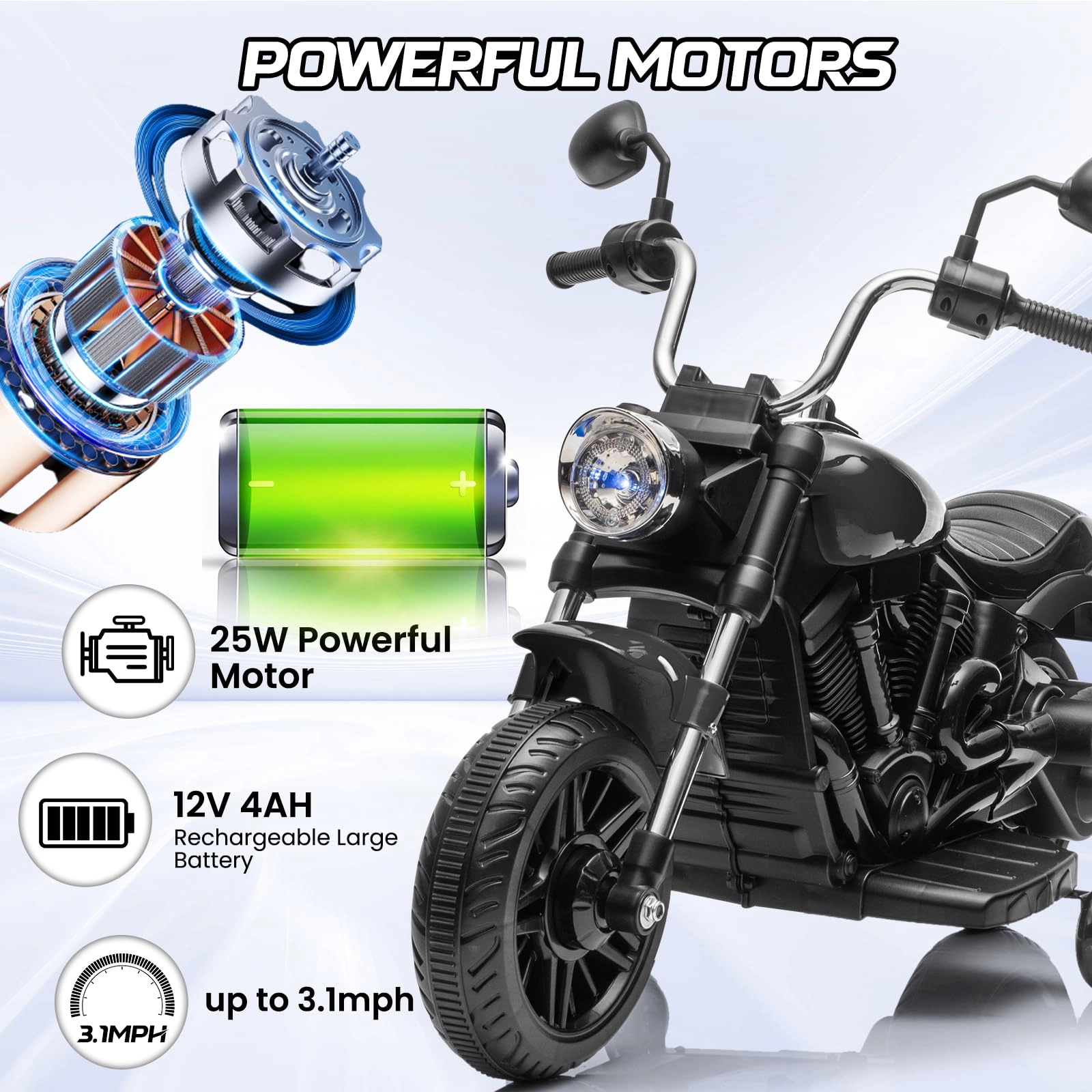 12V Electric Dirt Bike, Kids Motorcycle with Training Wheels, Reverse, Headlight, Horn, Music