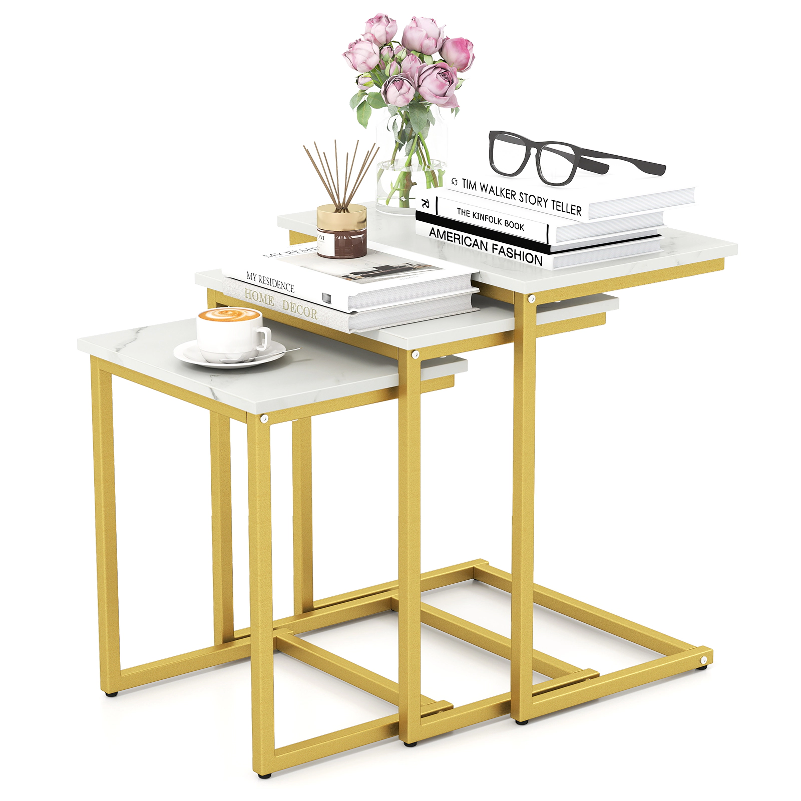 SUGIFT 3-Piece Stackable C-Shaped Coffee and End Table Set 44-lb Capacity MDF and Steel Frame 20-in Large White
