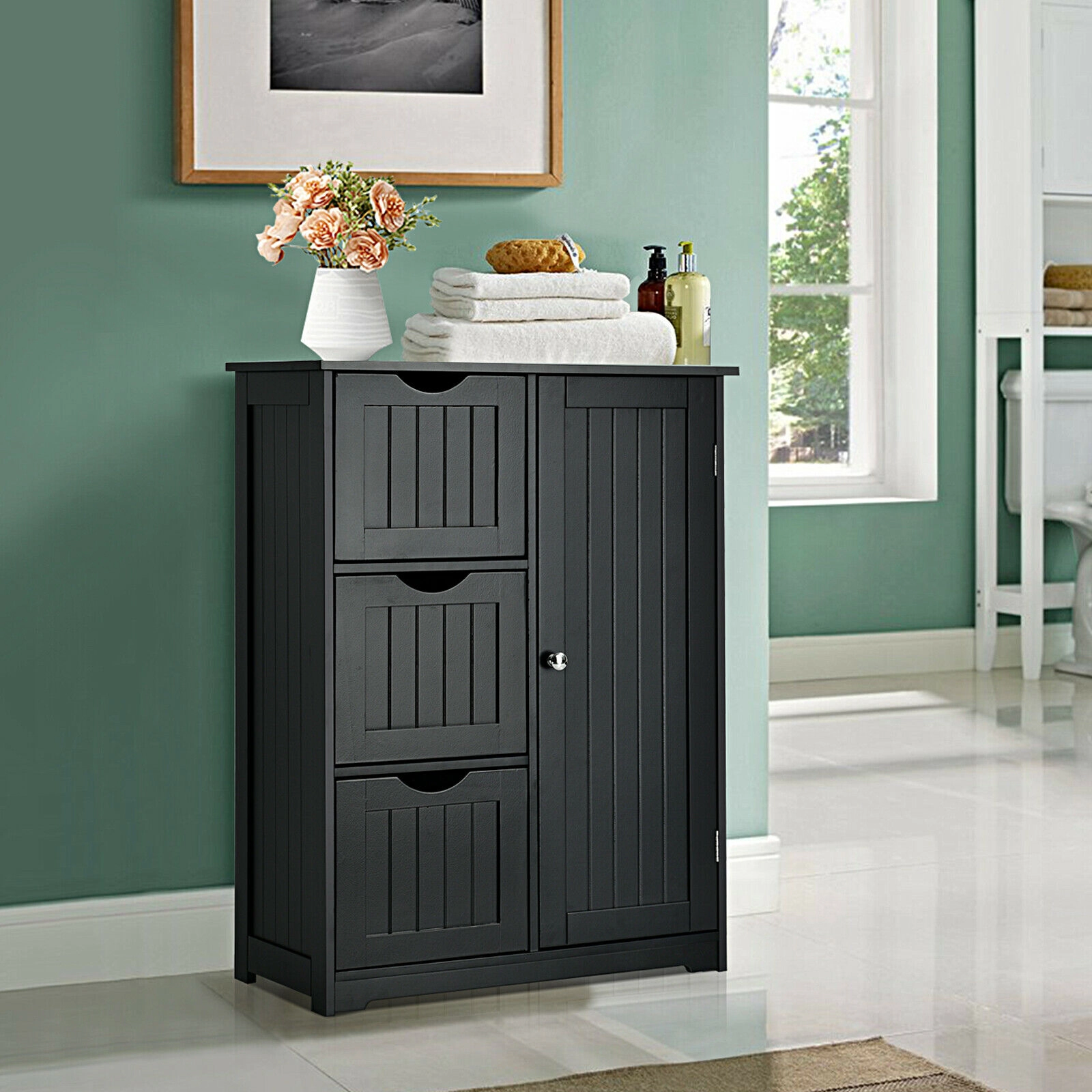 Glintex Bathroom Side Cabinet with 3 Cutout Drawers and Adjustable Cupboard Shelf