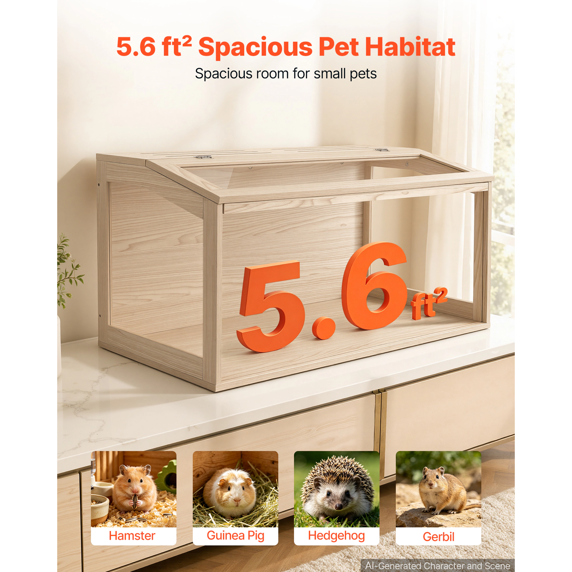 HONGGE Wooden Hamster Cage 270° Viewing Hamster Habitat Chewproof Acrylic Small Animal Cage with Openable Top Large Pet