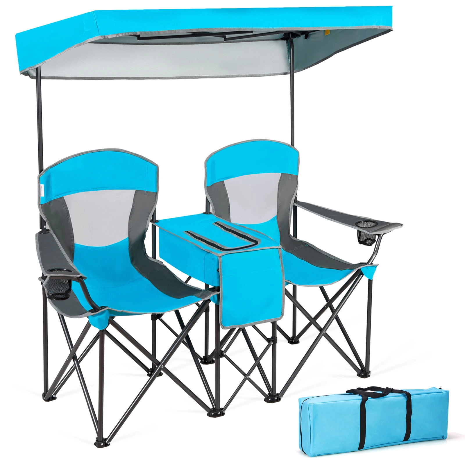 SUGIFT Blue Double Folding Camping Chair with Adjustable Canopy and Cooler Bag 55.5-in W 28.5-in D 265-lb Per Seat