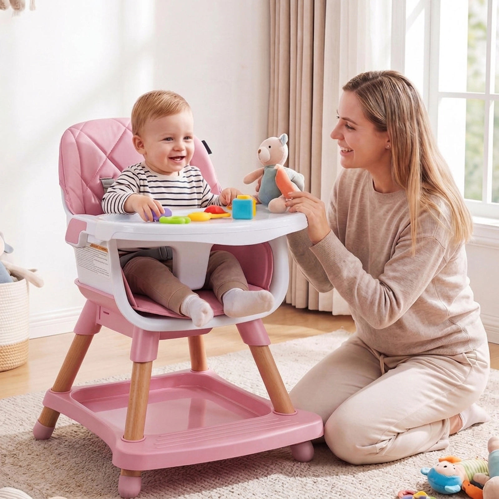 SUGIFT 9-in-1 Convertible High Chair for Babies and Toddlers with Seat Cushion 66-lb Capacity Ages 6 Months-3 Years Pink
