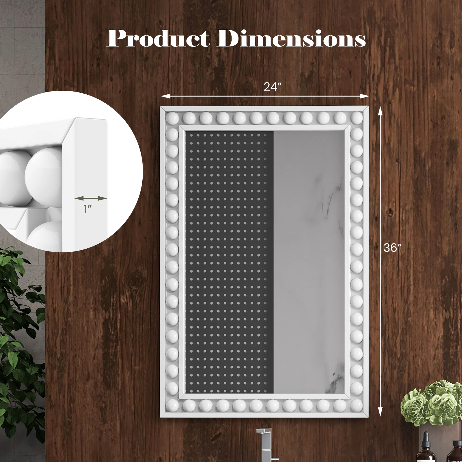SUGIFT Beaded Frame Solid Rubber Wood Farmhouse Rectangular Wall Mirror 36-in x 24-in 1-in Thick 16.5-lb White