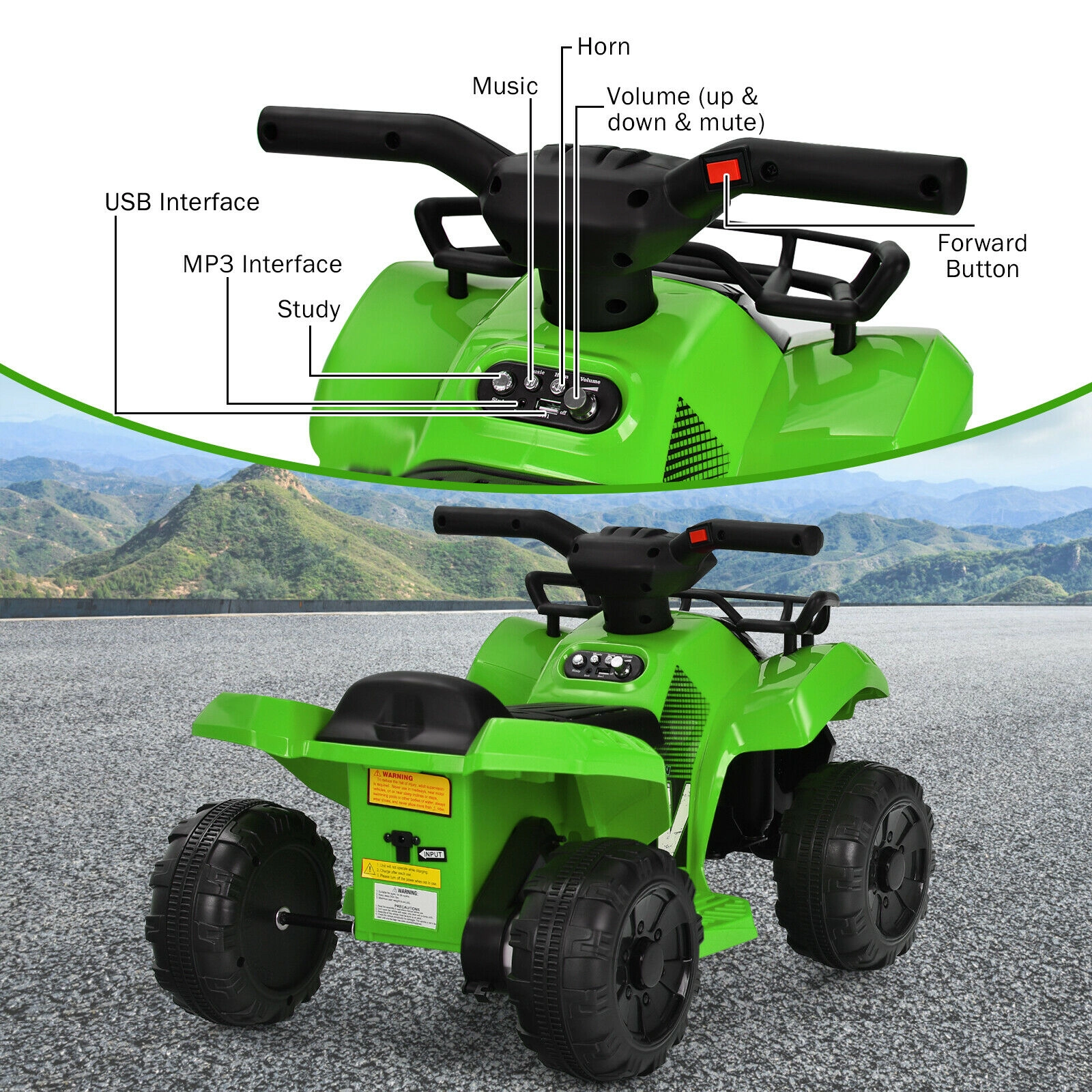 SUGIFT LED Light and MP3 Player 6V Kids Electric Ride On ATV Quad