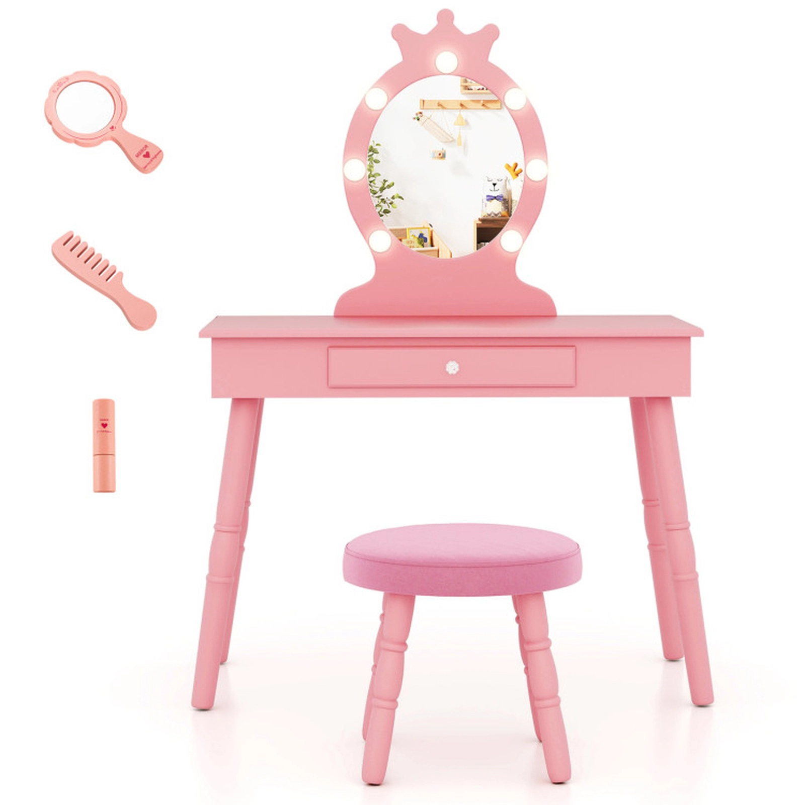 SUGIFT Pink Lighted Mirror Adjustable Brightness Large Drawer and Padded Stool Kids Vanity Set