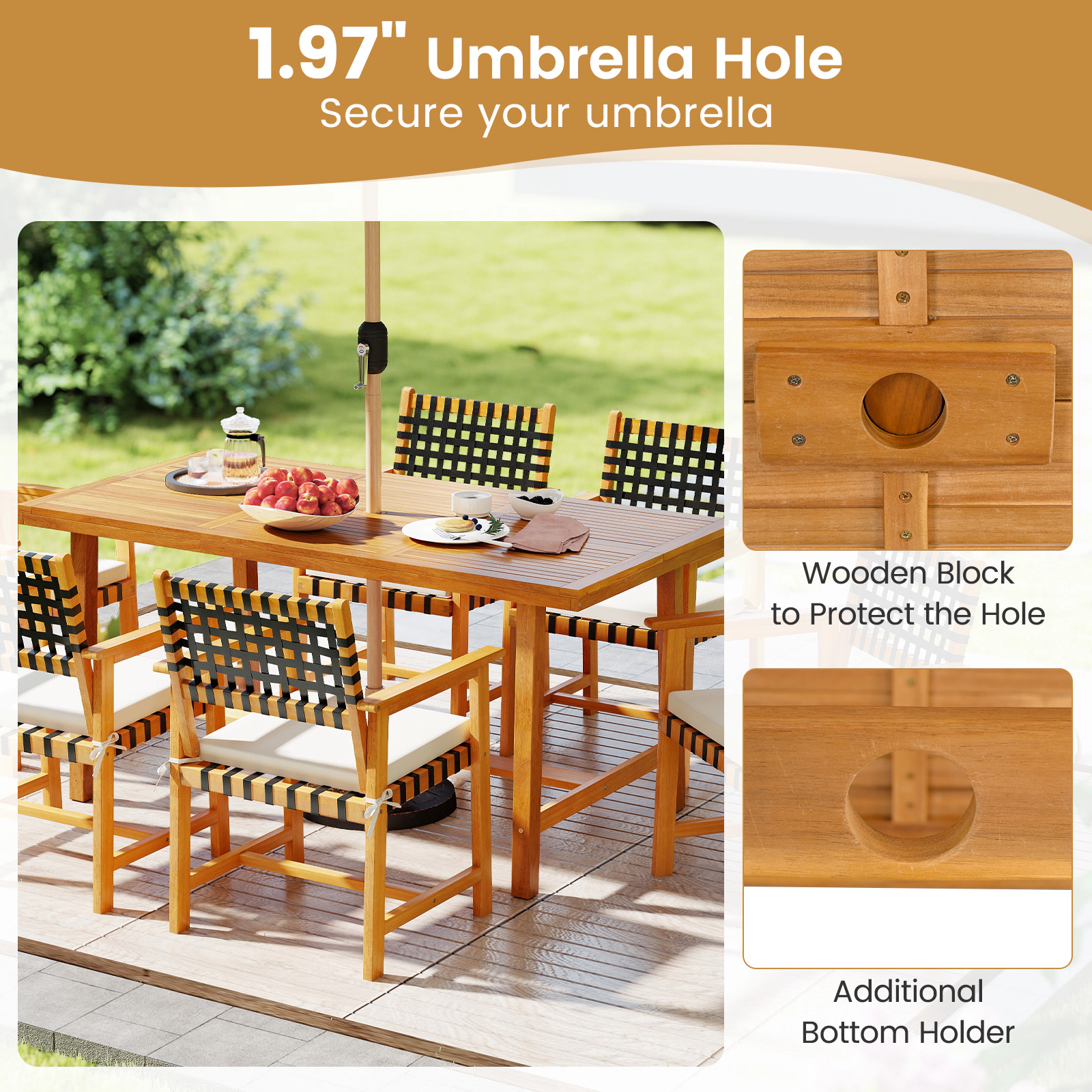 SUGIFT Acacia Wood 63-in Dining Table for 6 People with 1.97-in Umbrella Hole 165-lb Capacity Indoor Outdoor Natural
