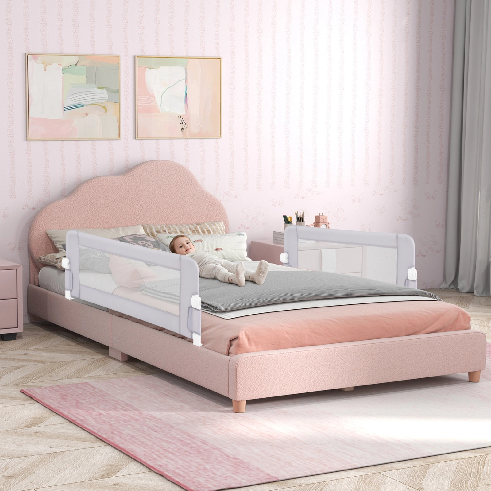 47-in Foldable Bed Rail for Toddlers Swing Down Bed Guard with Adjustable Strap Washable Cover Tool-Free Install White