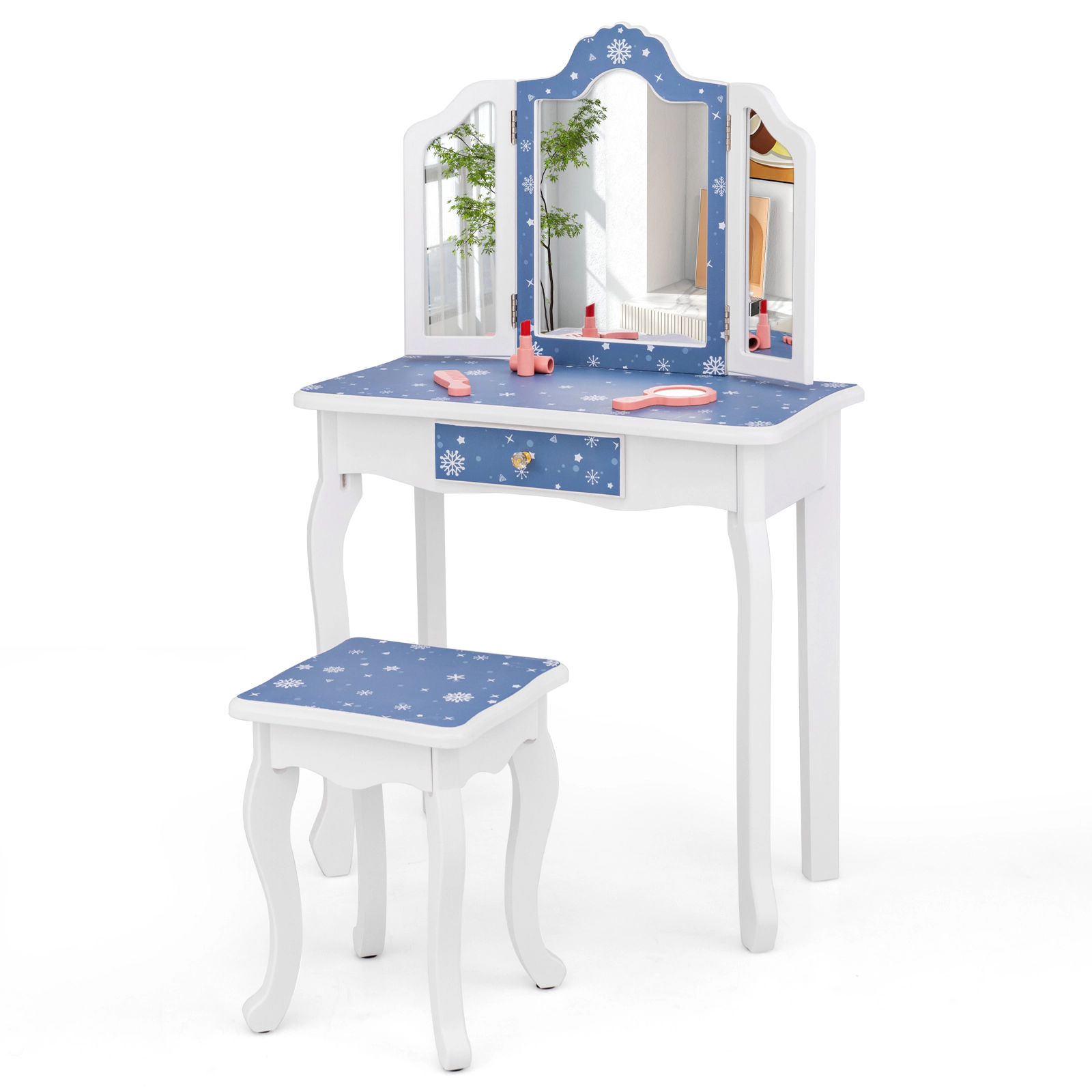 SUGIFT Blue Tri-Folding Mirror Kids Pretend Play Makeup Table and Stool Set