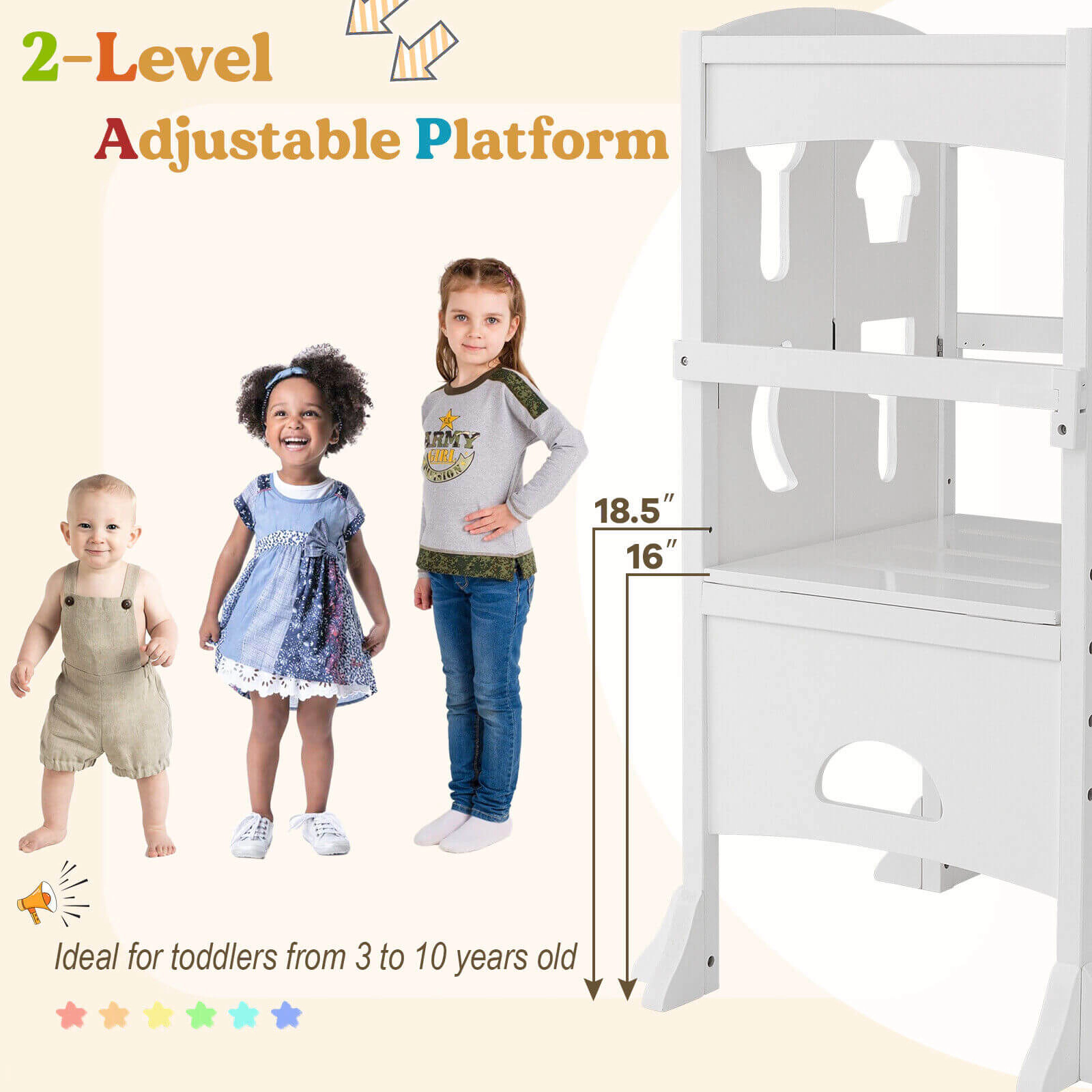 SUGIFT White Lockable Safety Rail for Age 3 and Up Folding Wooden Kids Step Stool