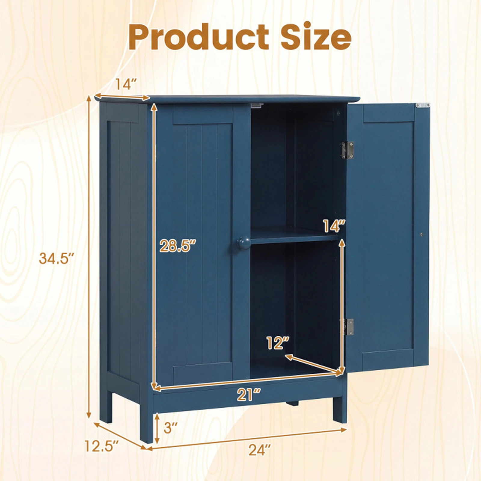 SUGIFT 2-Door Freestanding Fluted Wooden Bathroom Floor Cabinet 24-in x 14-in x 34.5-in 176-lb Top Capacity Blue