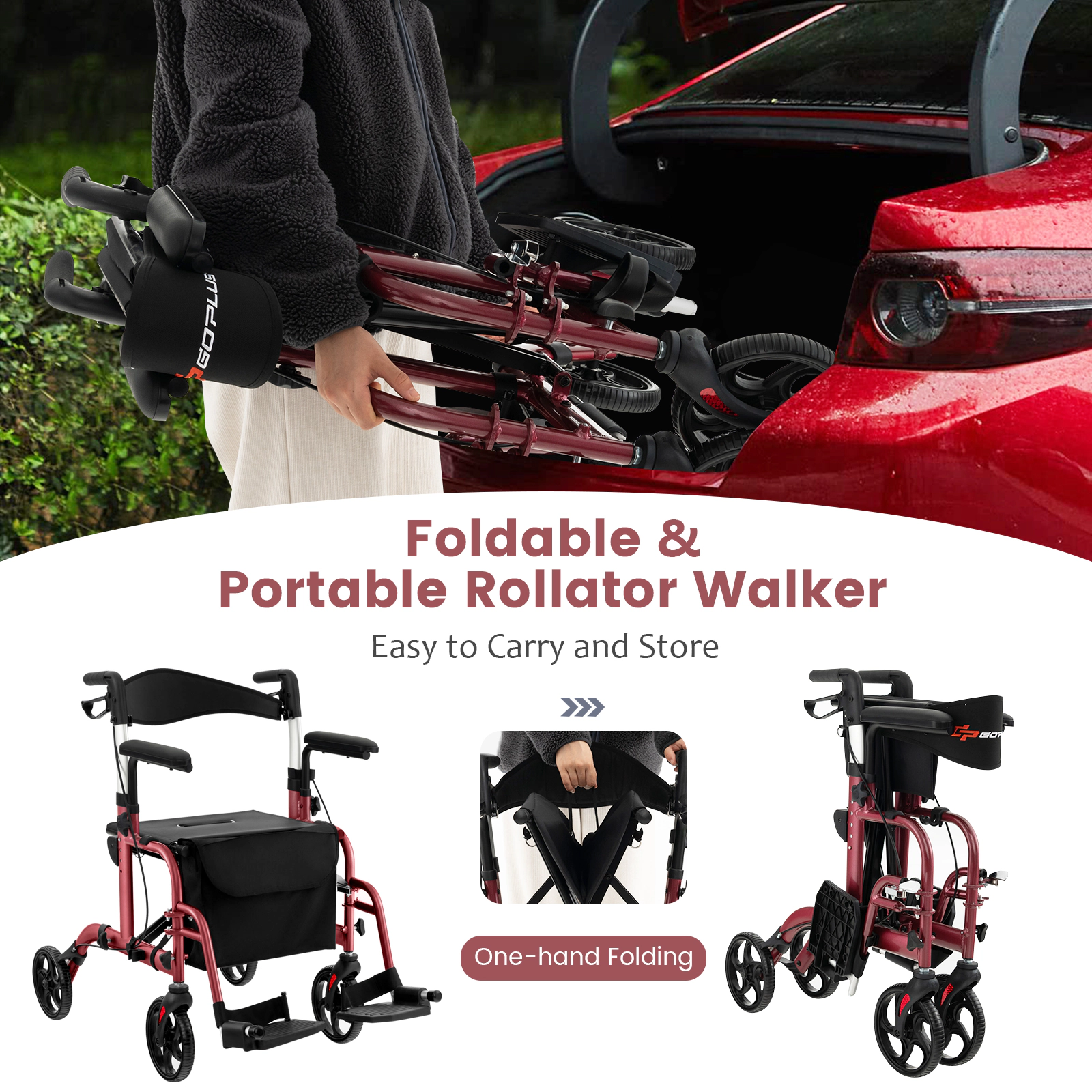 SUGIFT 300-lb Capacity 2-in-1 Folding Rollator Walker with Seat Dual Hand Brakes and Folding Footrests